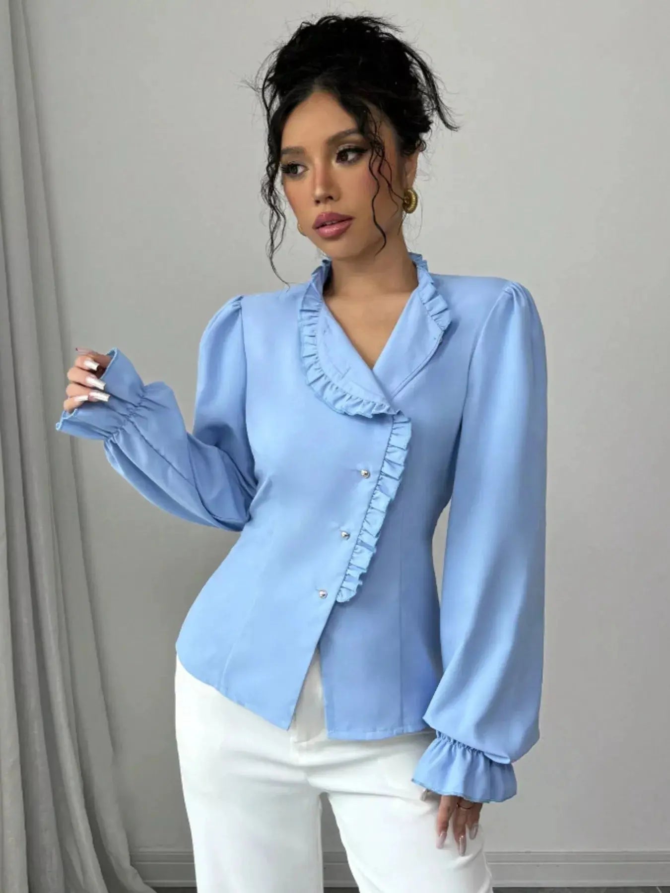 Light Blue Ruffle Trim Button Up Blouse With Long Sleeve Simply Love