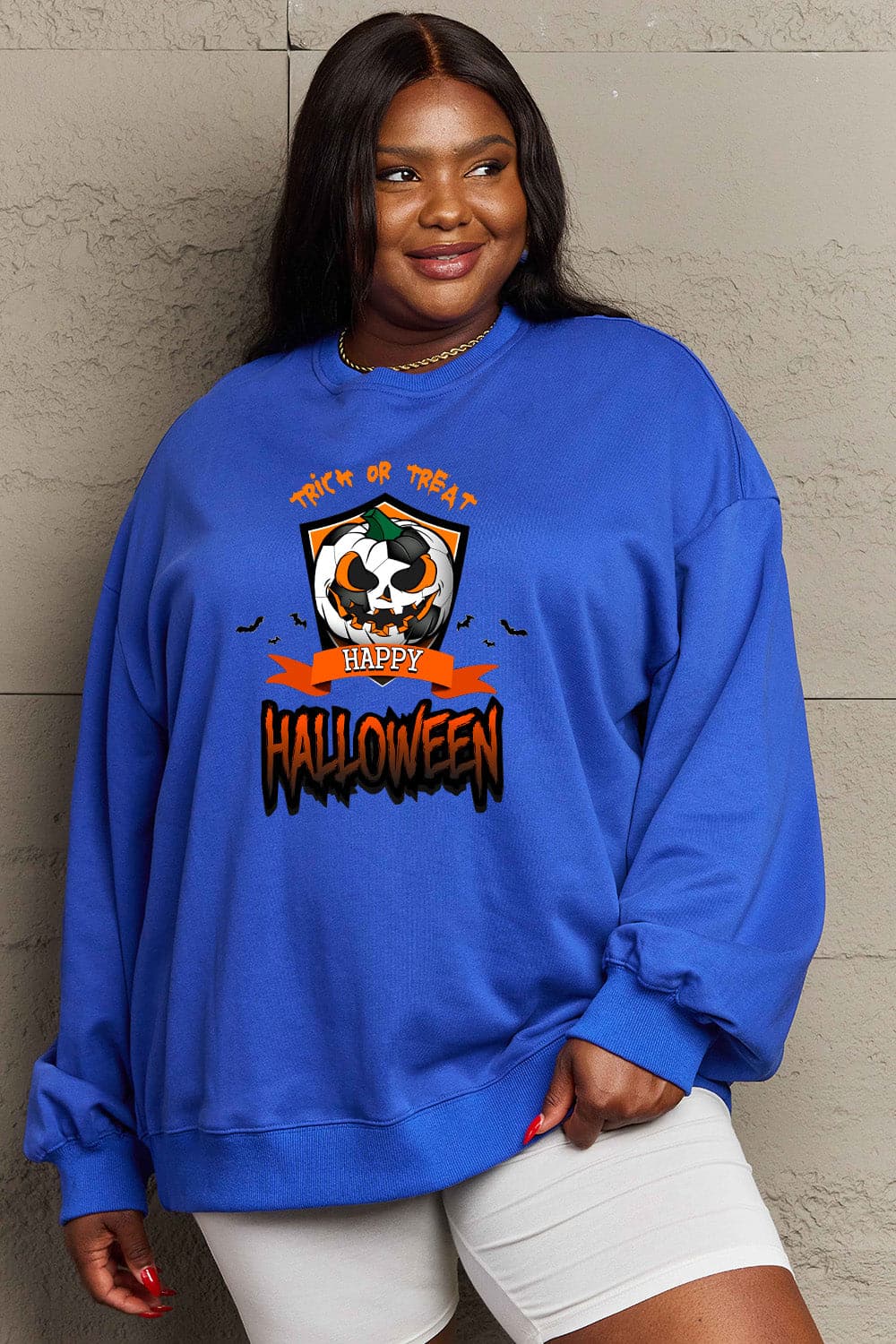 Simply Love Full Size TRICK OR TREAT HAPPY HALLOWEEN Graphic Sweatshirt.