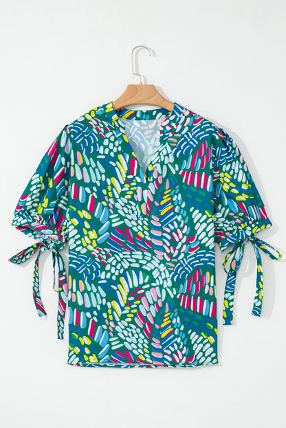 Green Abstract Print Knotted Short Sleeve Plus Size Blouse