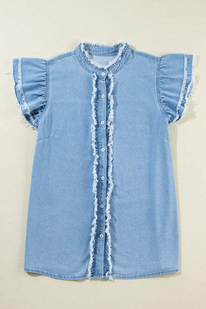 Dusk Blue Plus Size Ruffled Sleeve Button Up Frayed Denim Top