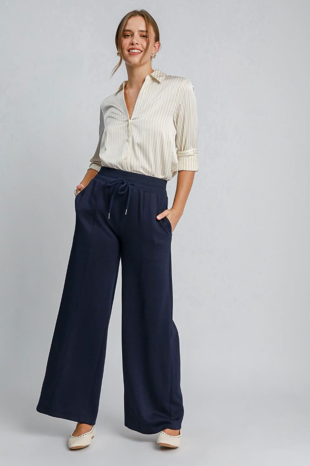 Chic Opaque Drawstring Wide Leg Trousers with Functional Pockets