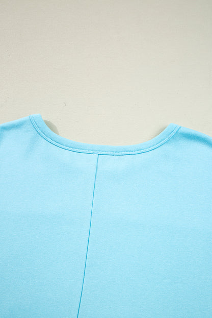 Blue Casual Aruba Blue Plus Size Solid Color Splicing Raw Hem Pullover Top Shorts Set - View 5 by Dear-Lover Dropshipping