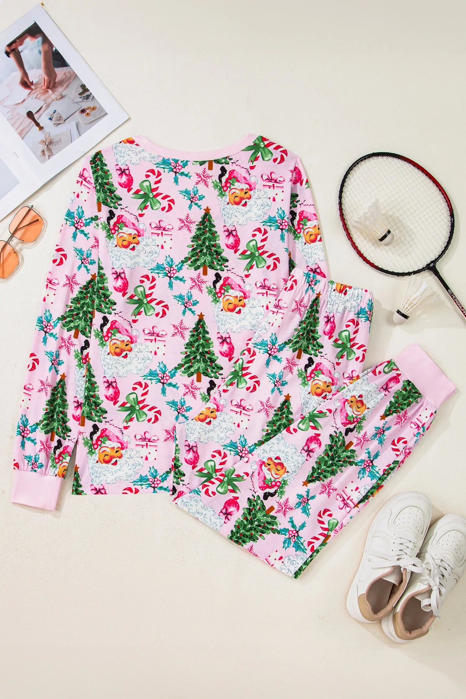 Pink Christmas Pattern Two Piece Lounge Set With Button V Neck Pullover Pants Dear-Lover Dropshipping