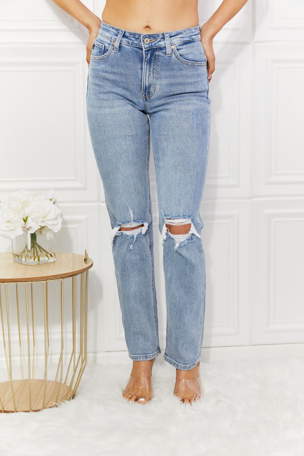 Kancan High Rise Distressed Slim Straight Jeans Coco’s Tee Boutique