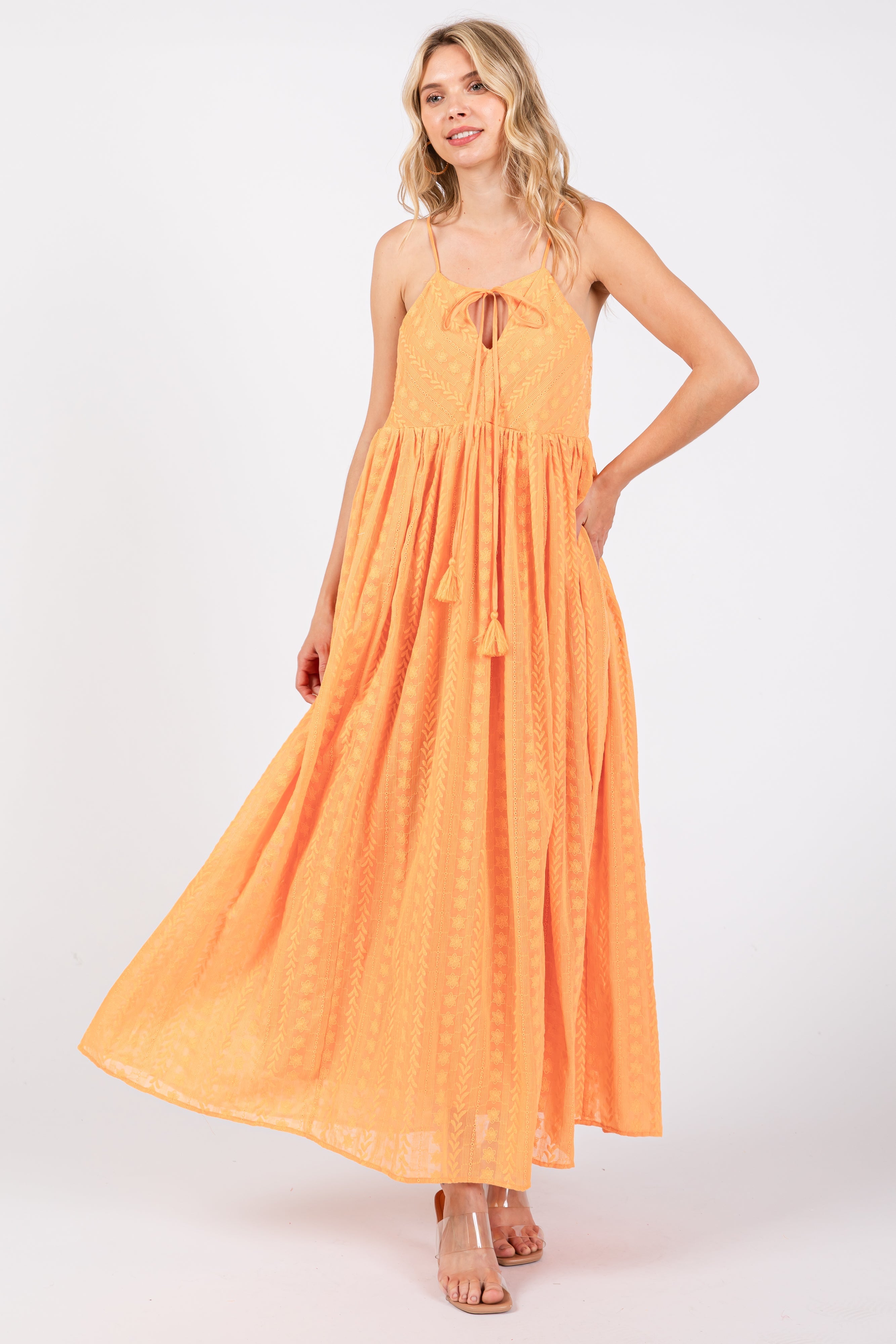 Orange Embroidered Tassel Tie Maxi Dress PinkBlush