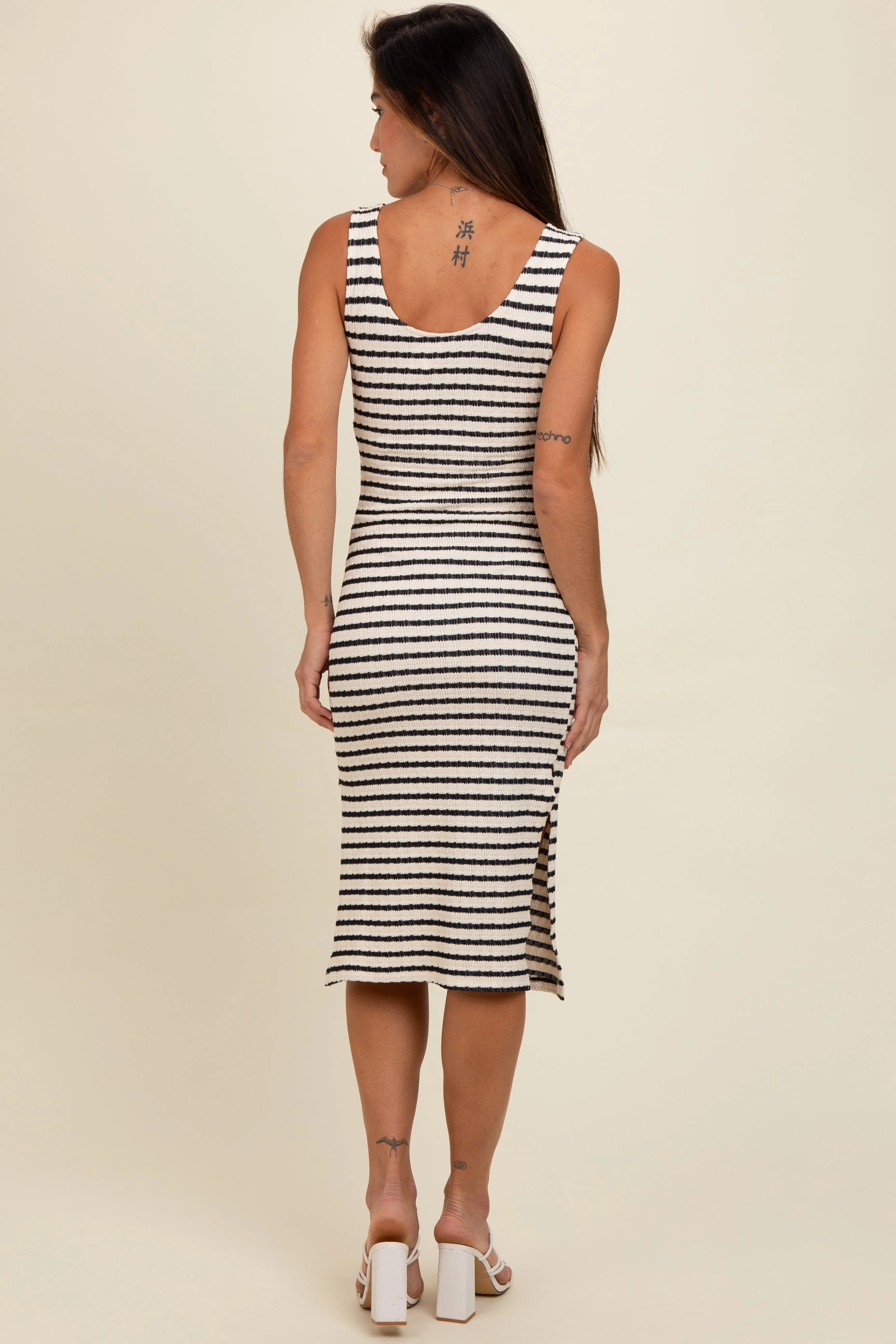 Navy Blue Striped Side Slit Midi Dress PinkBlush
