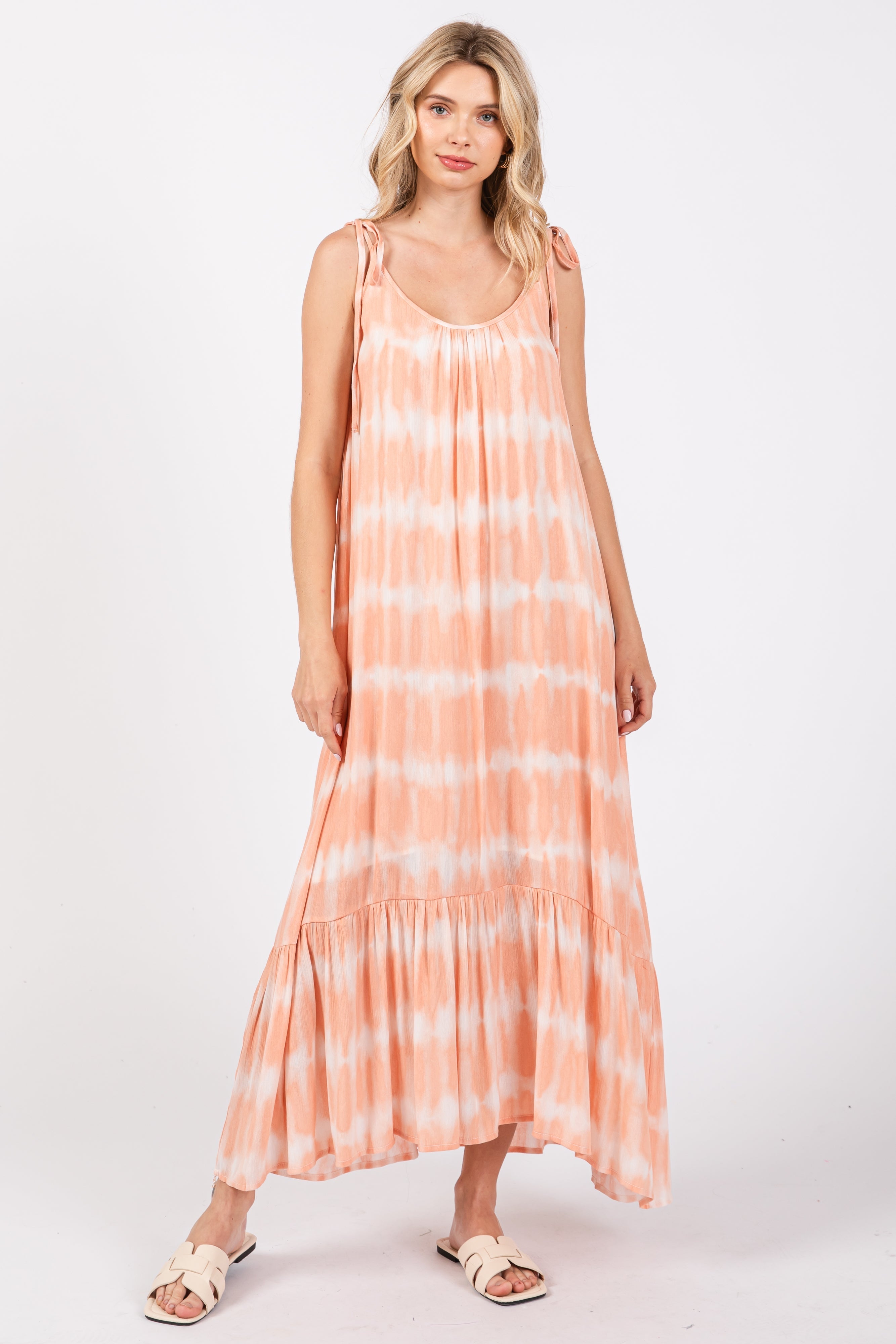 Peach Tie Dye Tie Strap Maternity Midi Dress PinkBlush