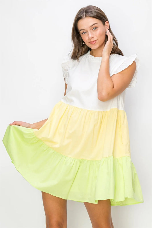 Yellow Multi Poplin Color Block Mini Dress PinkBlush
