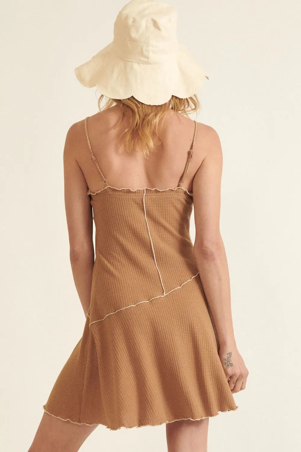 Coffee Waffle Knit Exposed Seam Cami Strap Mini Dress PinkBlush