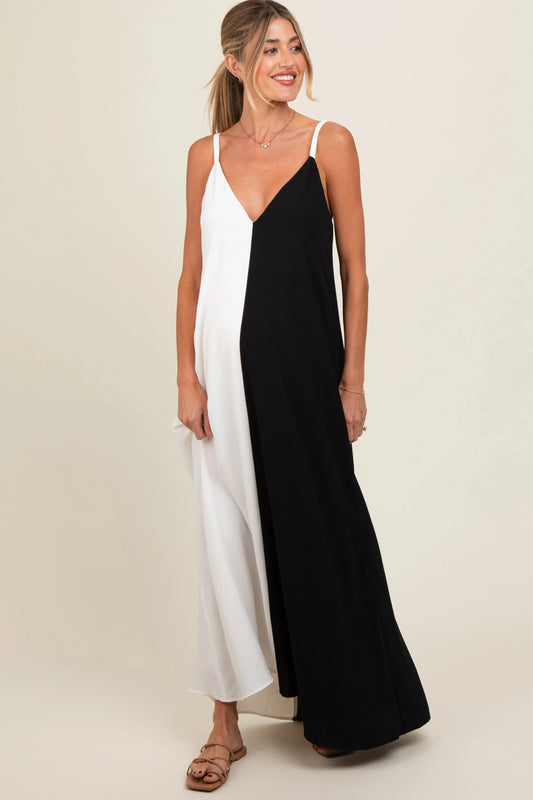 White Color Blocked V-Neck Maternity Maxi Dress PinkBlush