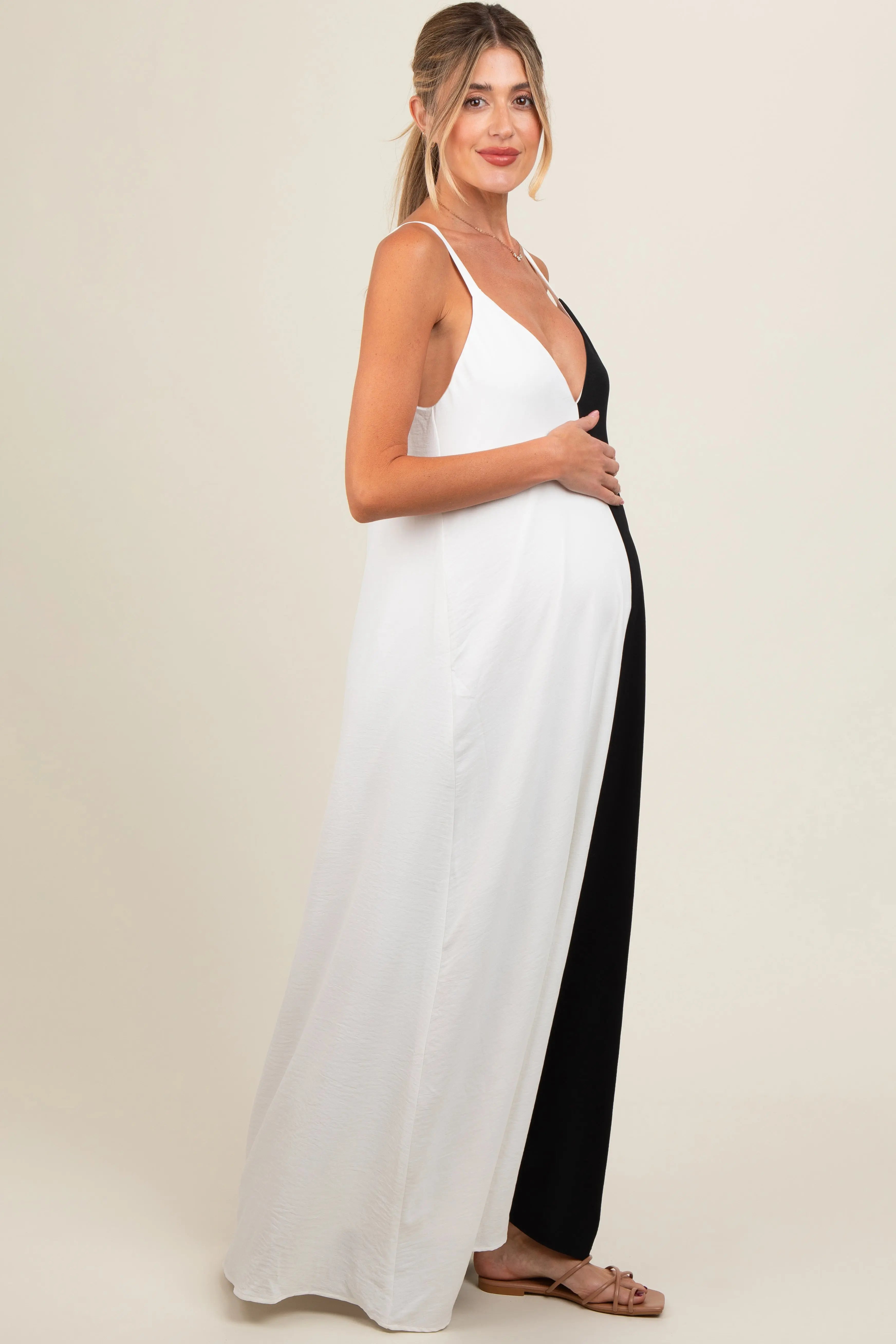 White Color Blocked V-Neck Maternity Maxi Dress PinkBlush