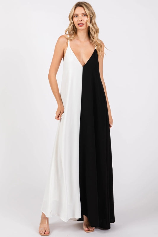 White Color Blocked V-Neck Maxi Dress PinkBlush