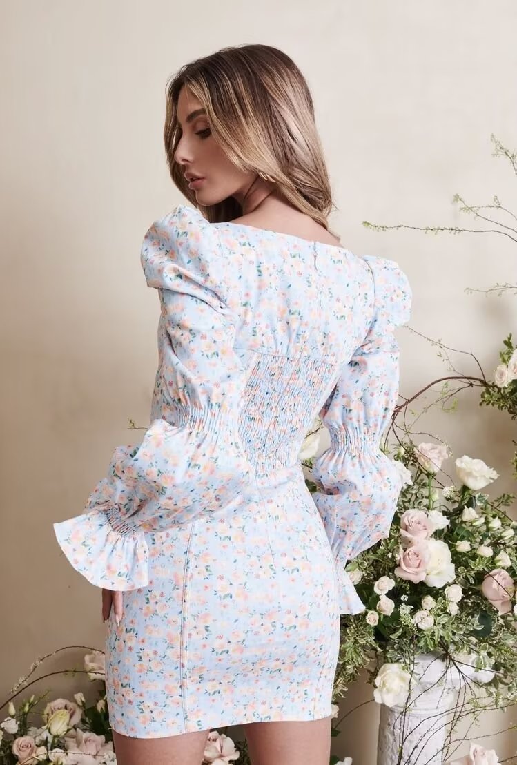Summer Women Clothing Blue Background Floral Print Chest Pleated Flared Sleeve Square Collar Sheath Dress