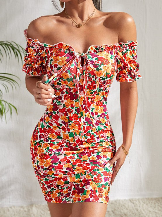 Elegant Floral Wooden Ear Front Lace up Off Shoulder Sexy Slim Sheath Dress Bella Mia