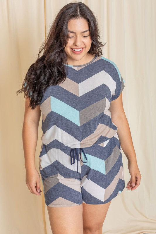 Stylish Plus Size Chevron Drawstring Romper