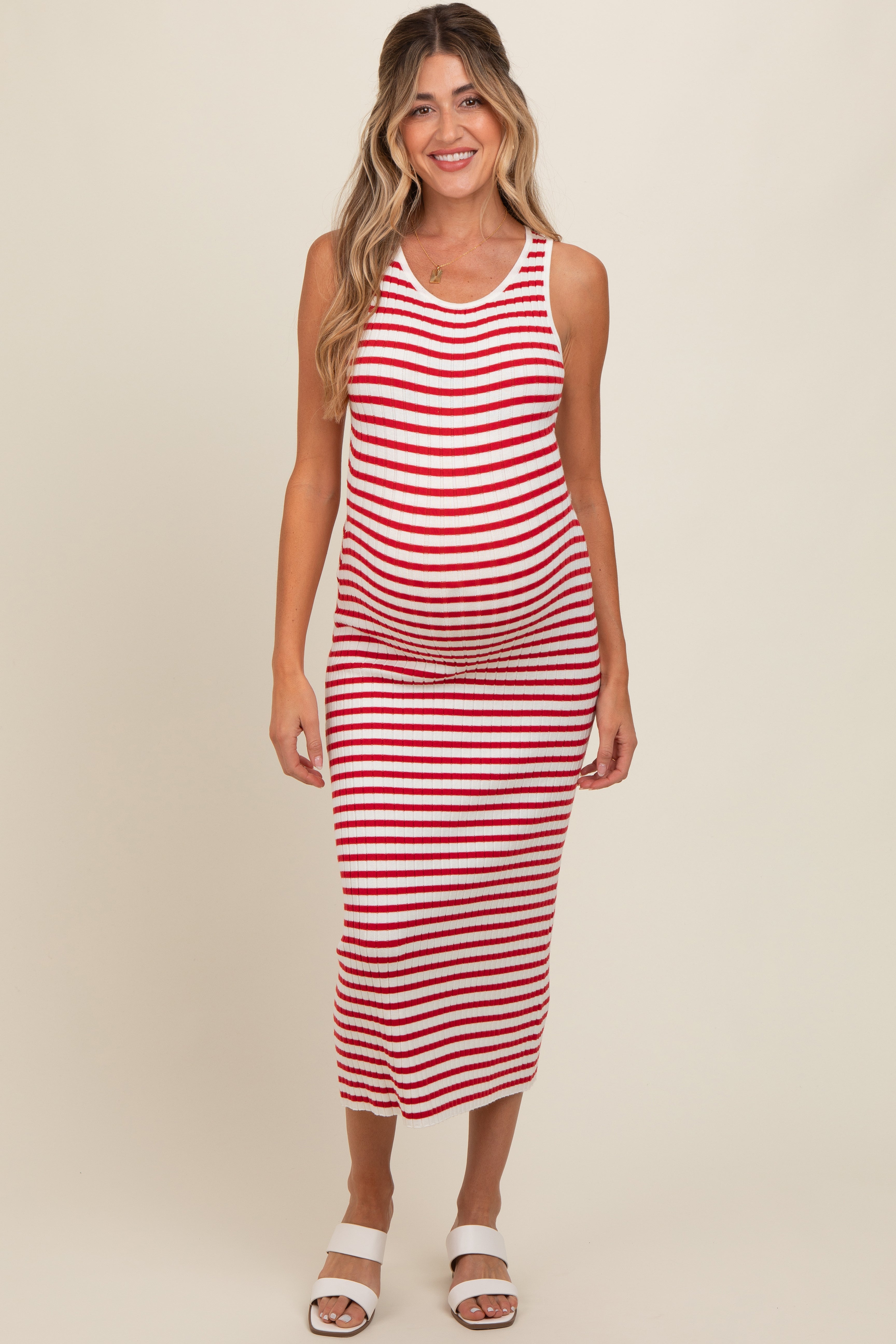 Red Sleeveless Round Neck Striped Rib Sweater Maternity Midi Dress PinkBlush