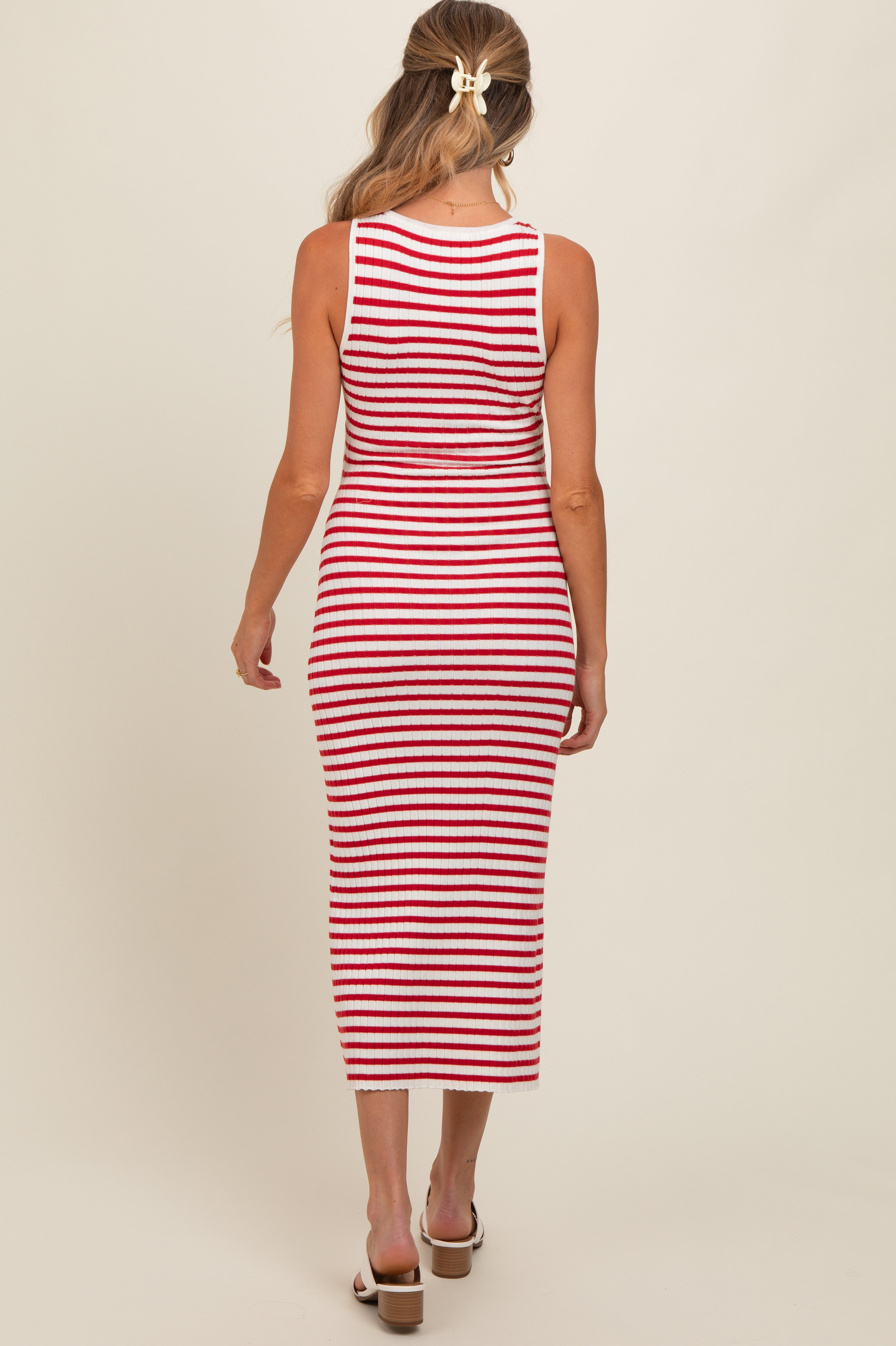 Red Sleeveless Round Neck Striped Rib Sweater Maternity Midi Dress PinkBlush