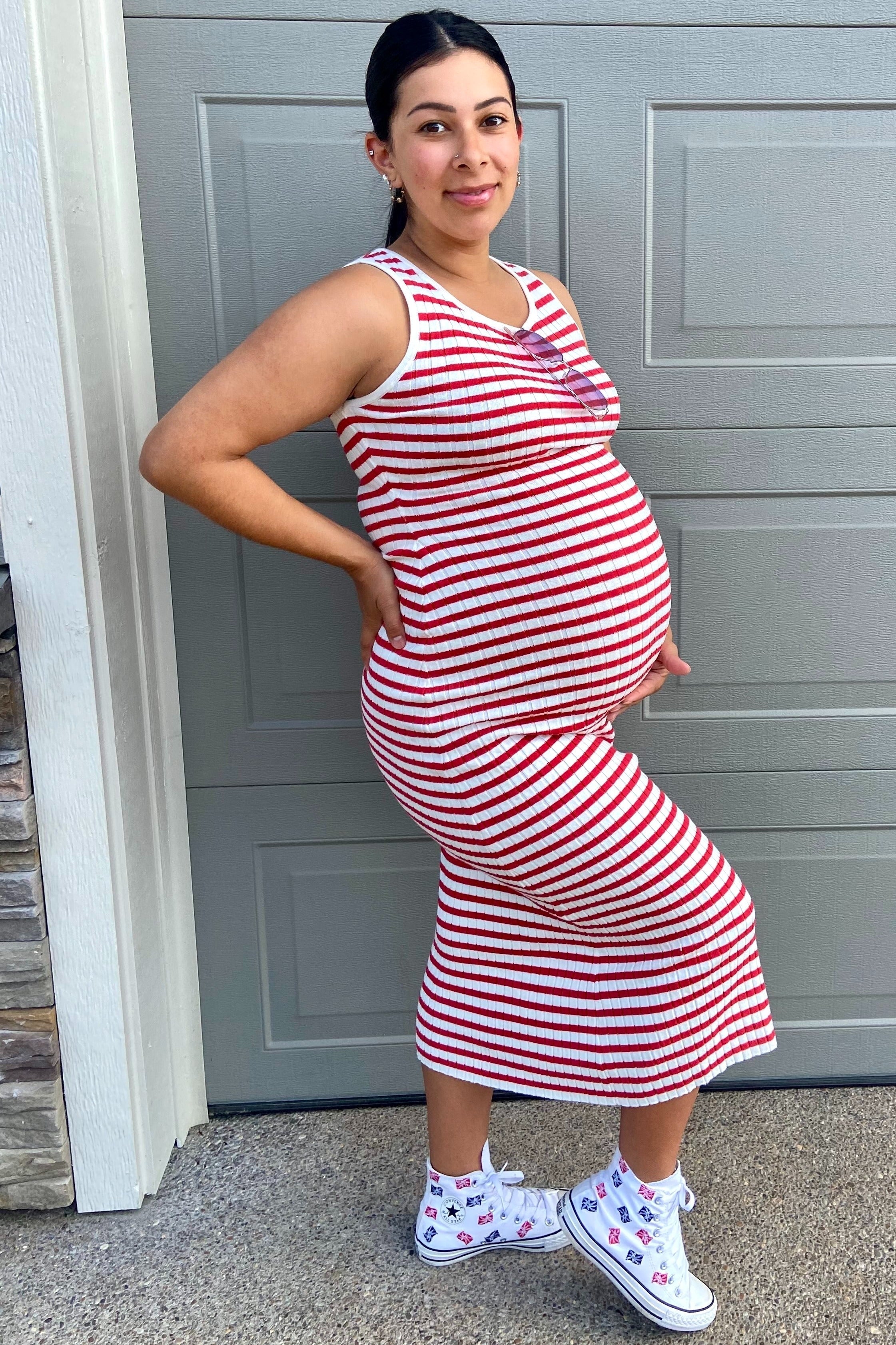 Red Sleeveless Round Neck Striped Rib Sweater Maternity Midi Dress PinkBlush