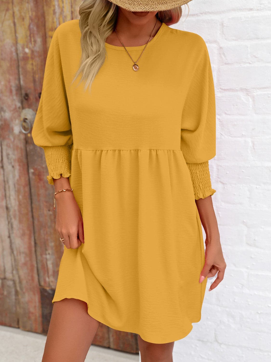 Round Neck Lantern Sleeve Mini DressFeatures: Basic style
Sheer: Opaque
Stretch: Slightly stretchy
Body: Not lined
Material composition: 100% polyester
Care instructions: Machine wash cold. Tumble dry Love Salve Round Neck Lantern Sleeve Mini Dress