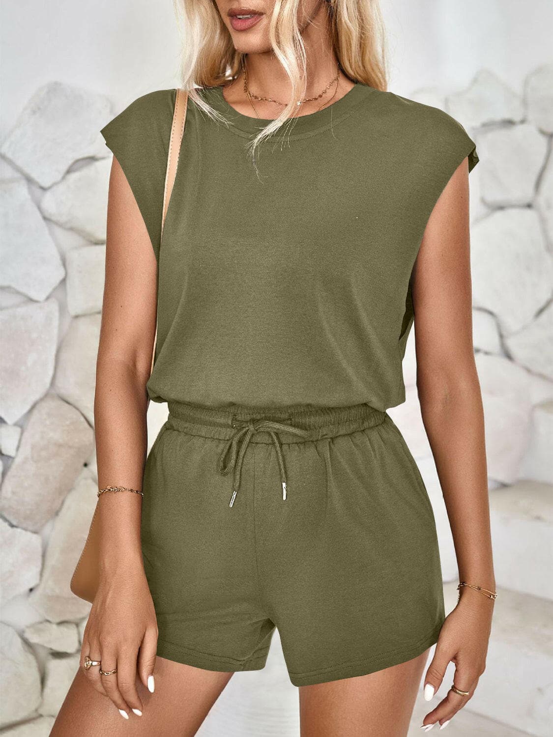 Cutout Round Neck Cap Sleeve Romper.