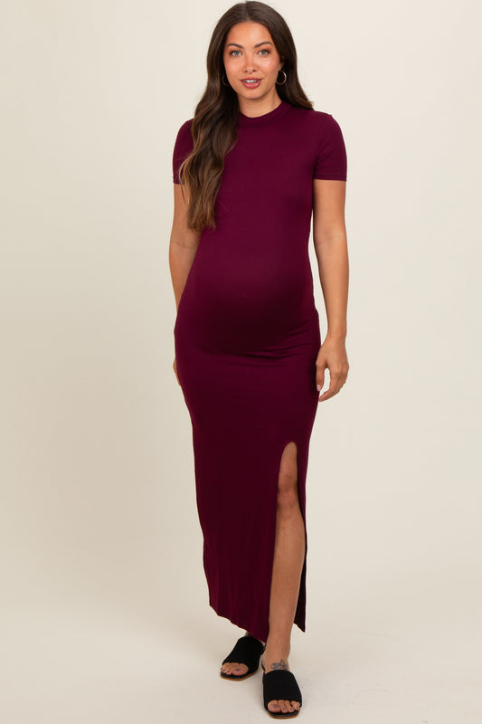 Burgundy Mock Neck Front Slit Short Sleeve Maternity Maxi Dress PinkBlush
