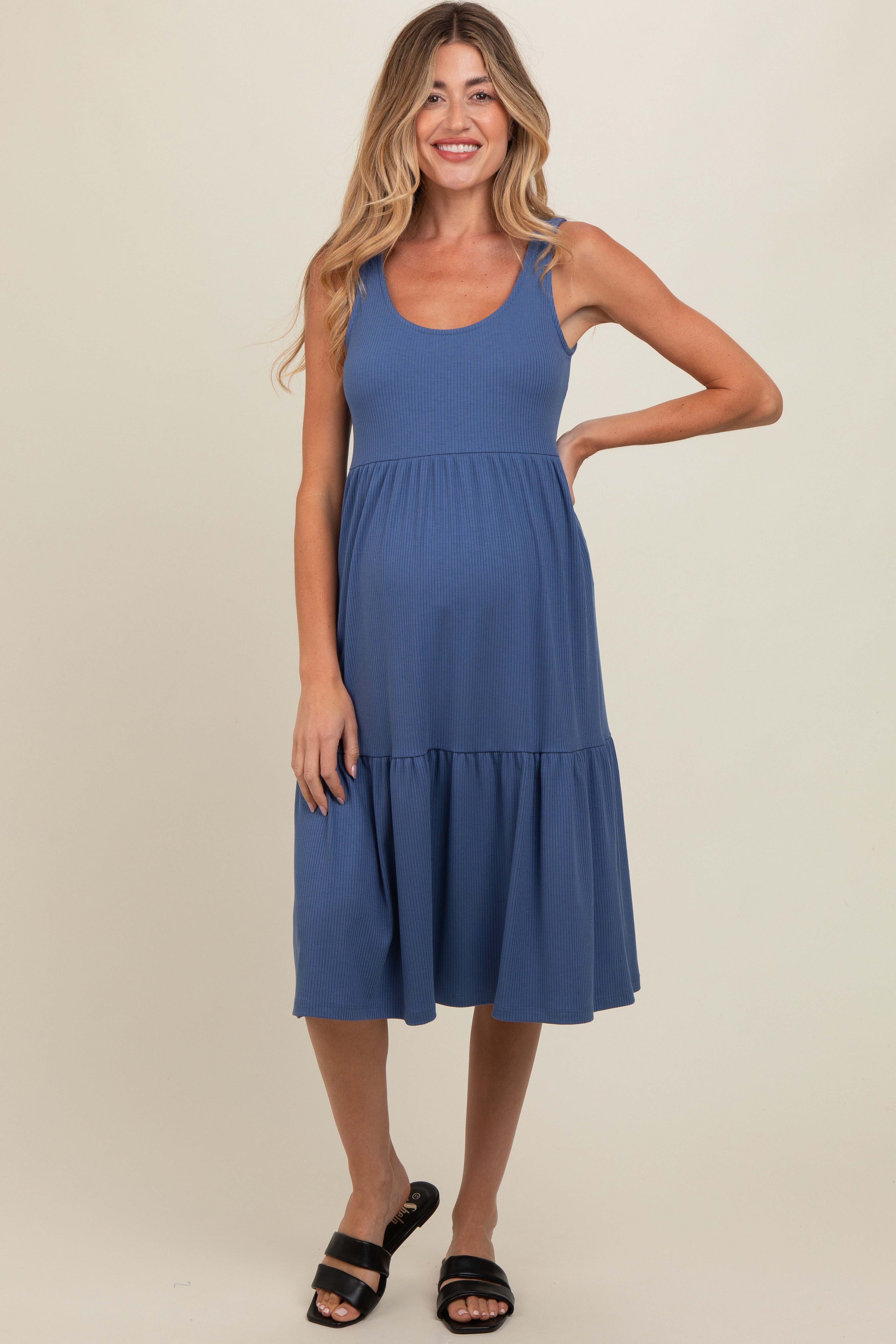 Blue Tiered Sleeveless Maternity Midi Dress PinkBlush