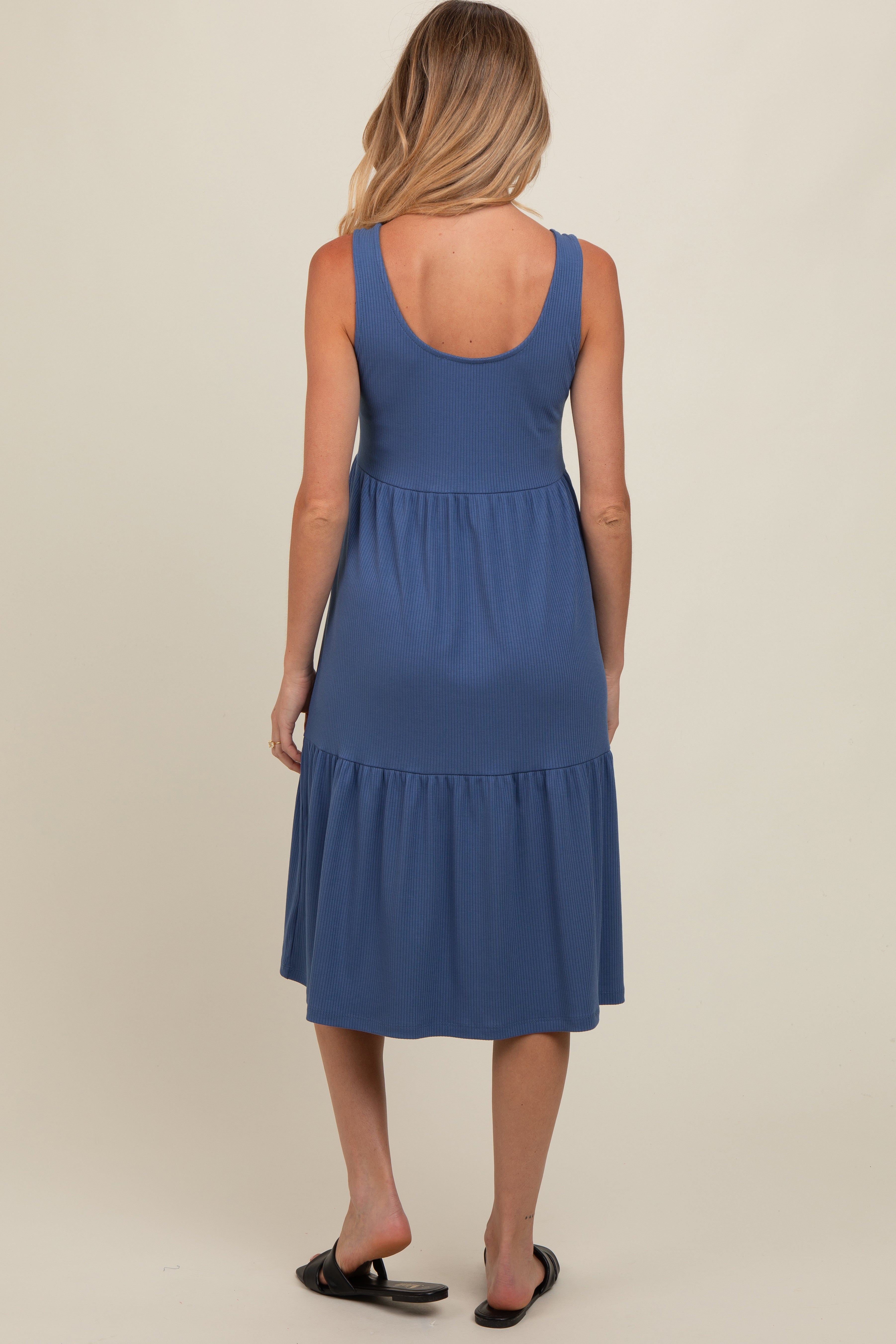Blue Tiered Sleeveless Maternity Midi Dress PinkBlush