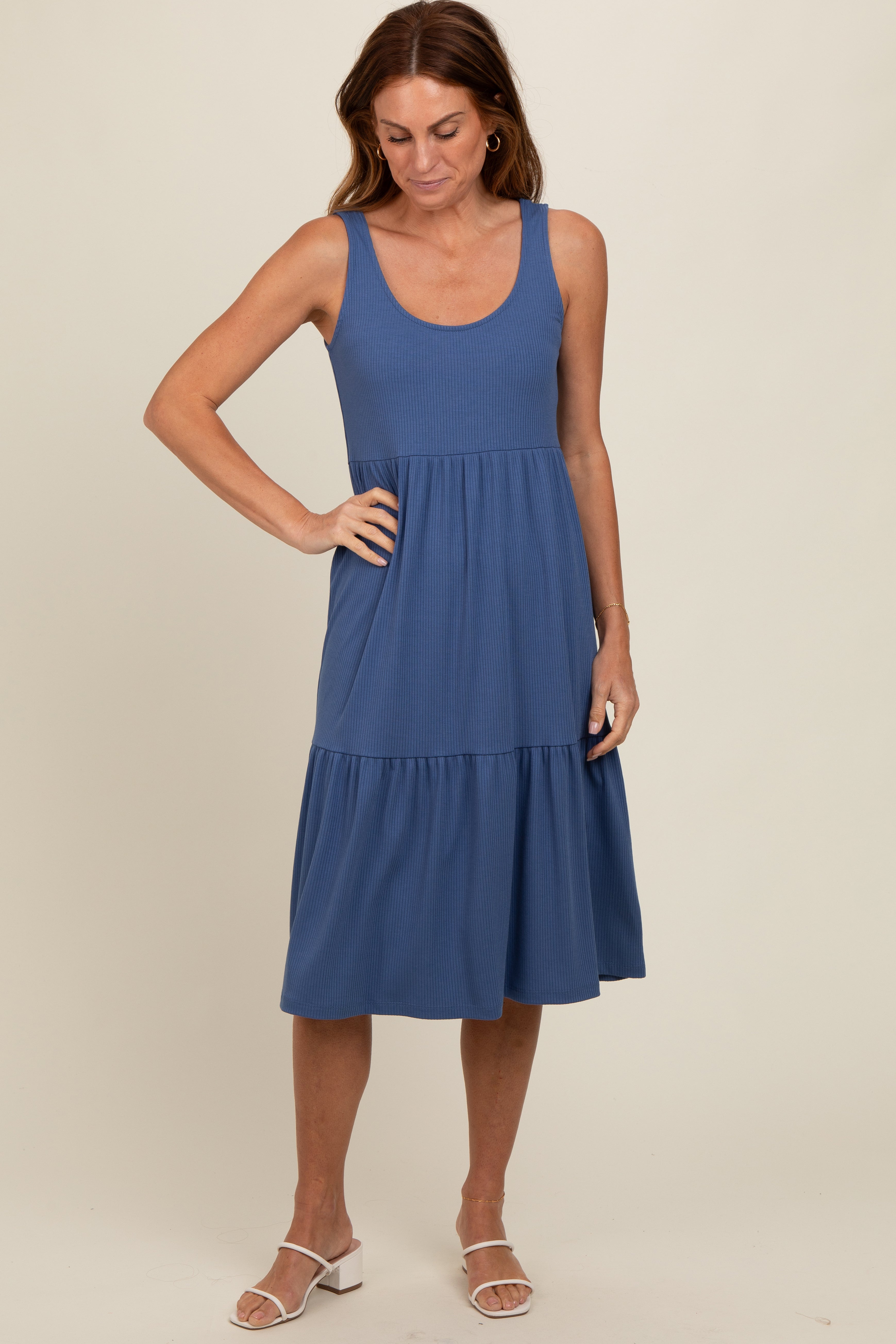 Blue Tiered Sleeveless Maternity Midi Dress PinkBlush