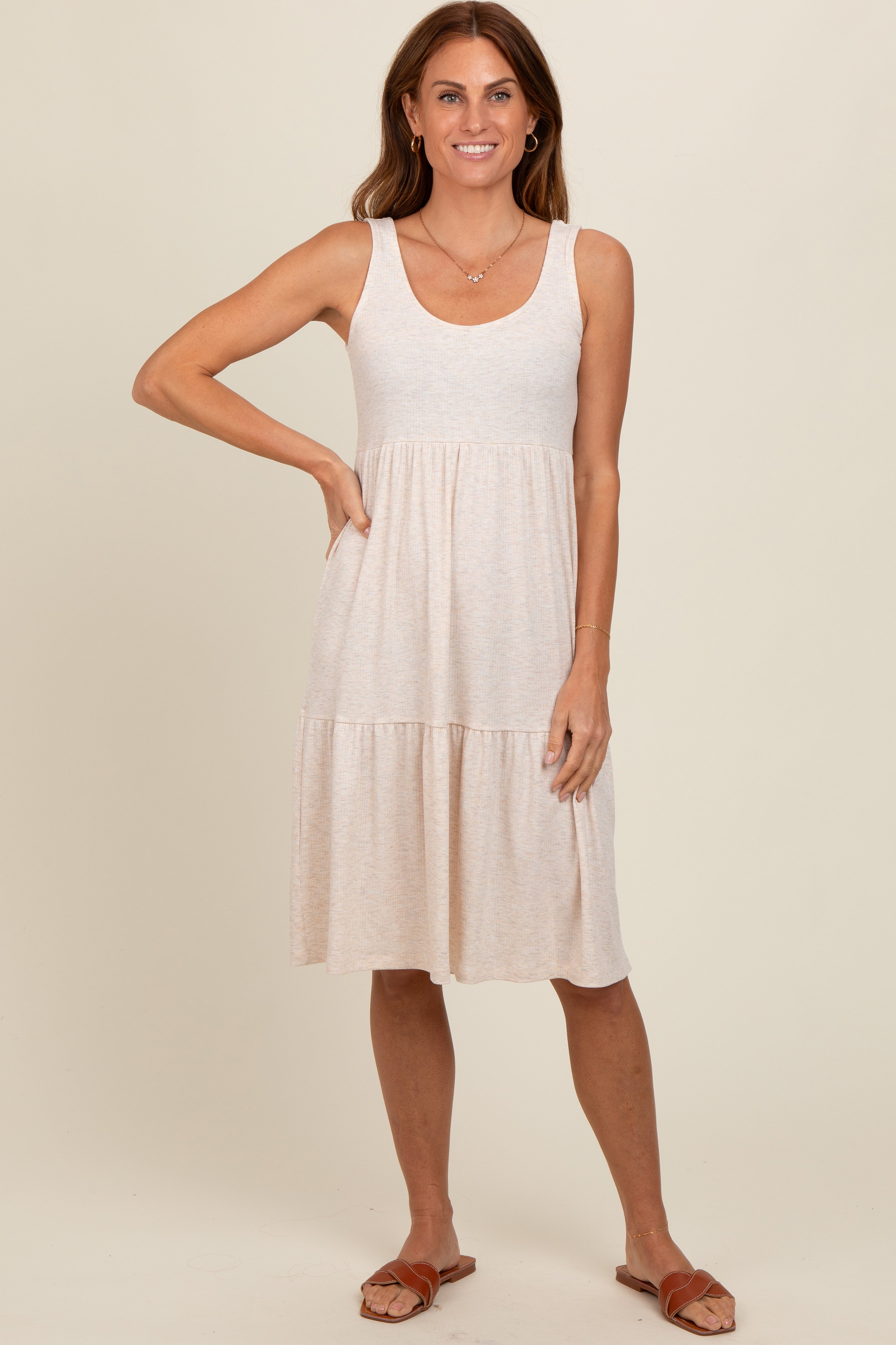 PinkBlush Beige Tiered Sleeveless Midi Dress - Main Product Image