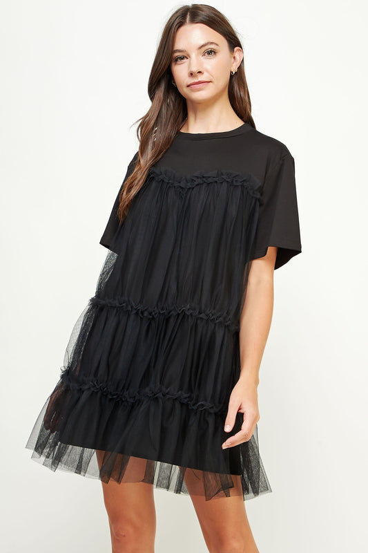 Black Tulle Overlay Tiered Mini Dress PinkBlush
