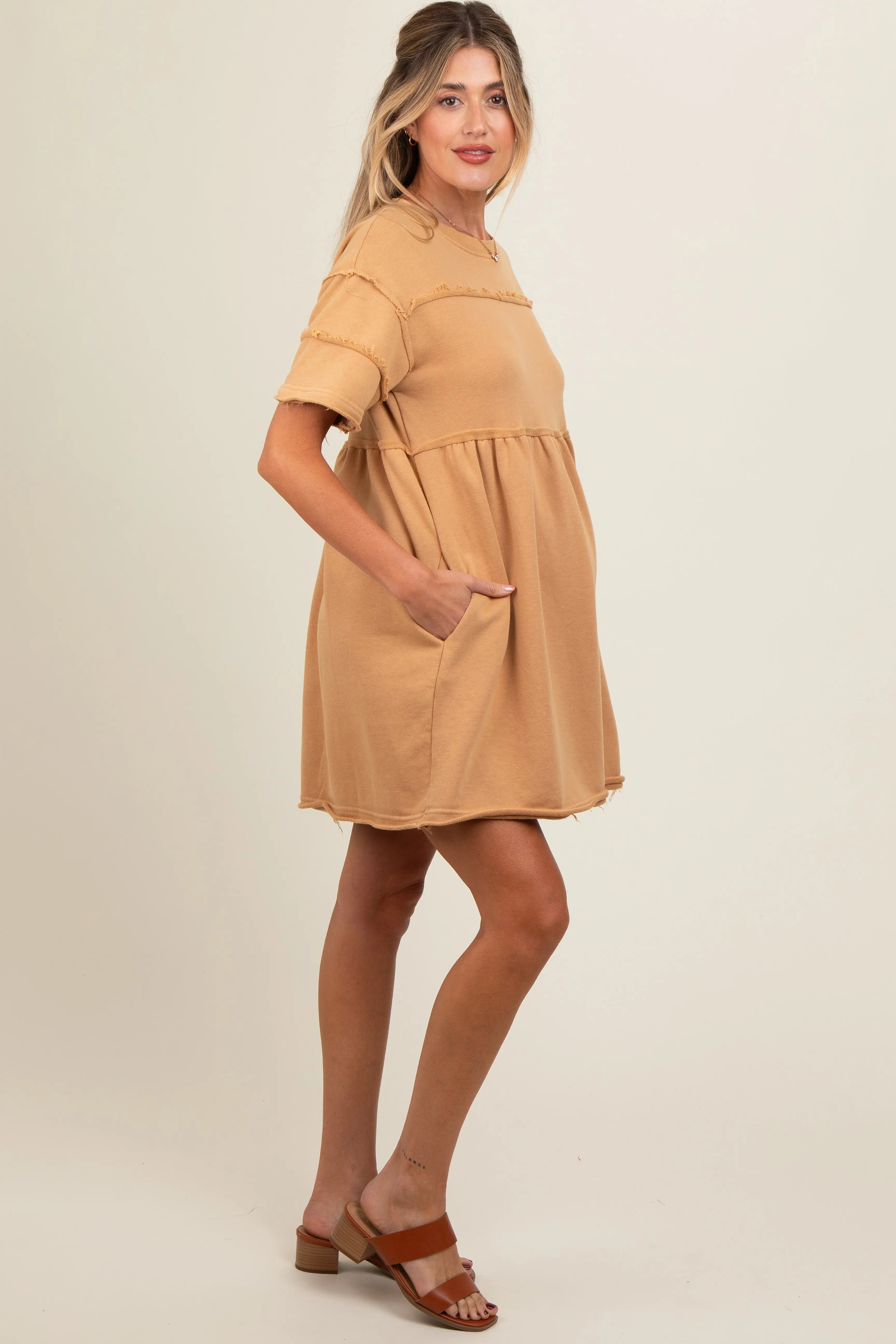 Camel Raw Hem Maternity Short Sleeve Dress PinkBlush