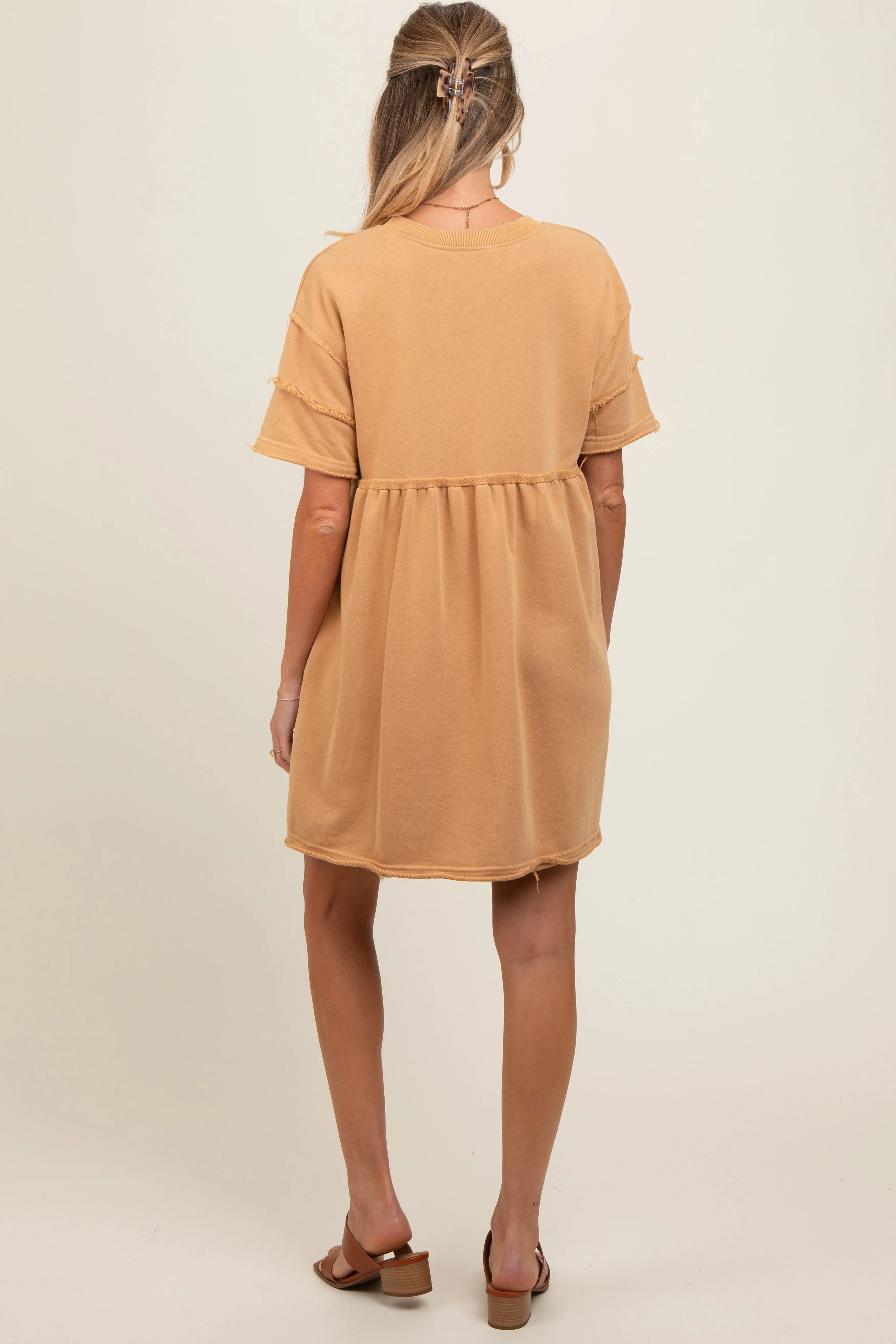 Camel Raw Hem Maternity Short Sleeve Dress PinkBlush