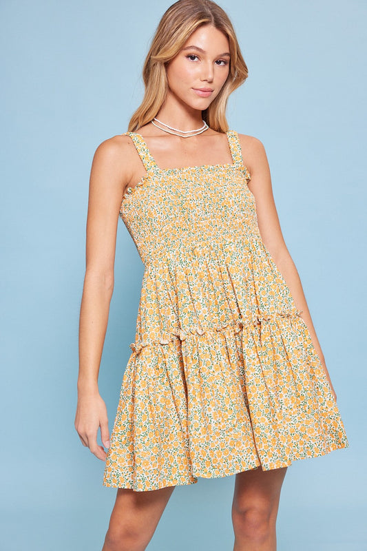 White Orange Floral Print Smock Ruffle Mini Babydoll Dress PinkBlush