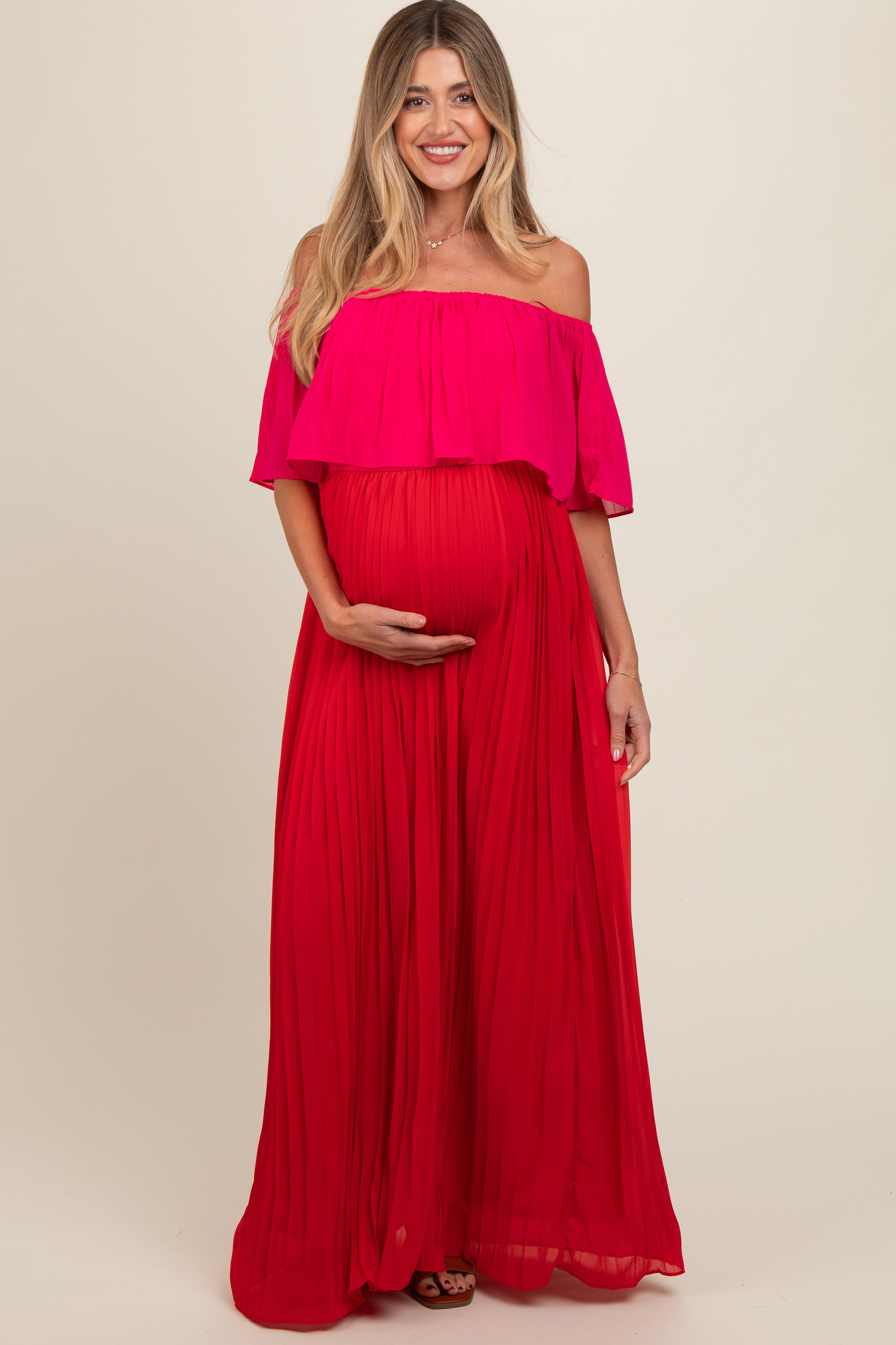 Red Pleated Off Shoulder Colorblock Maternity Maxi Dress PinkBlush