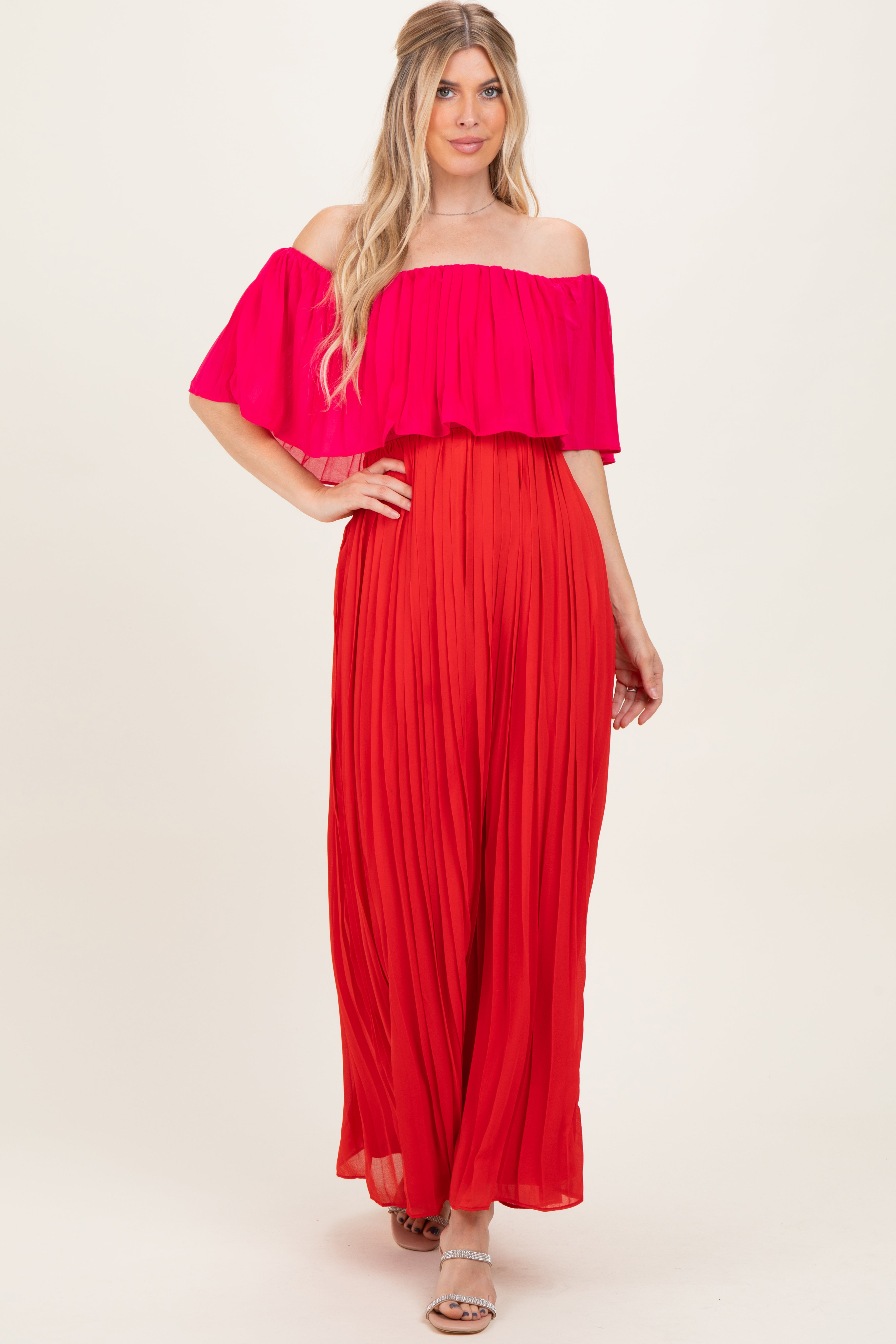 Red Pleated Off Shoulder Colorblock Maternity Maxi Dress PinkBlush