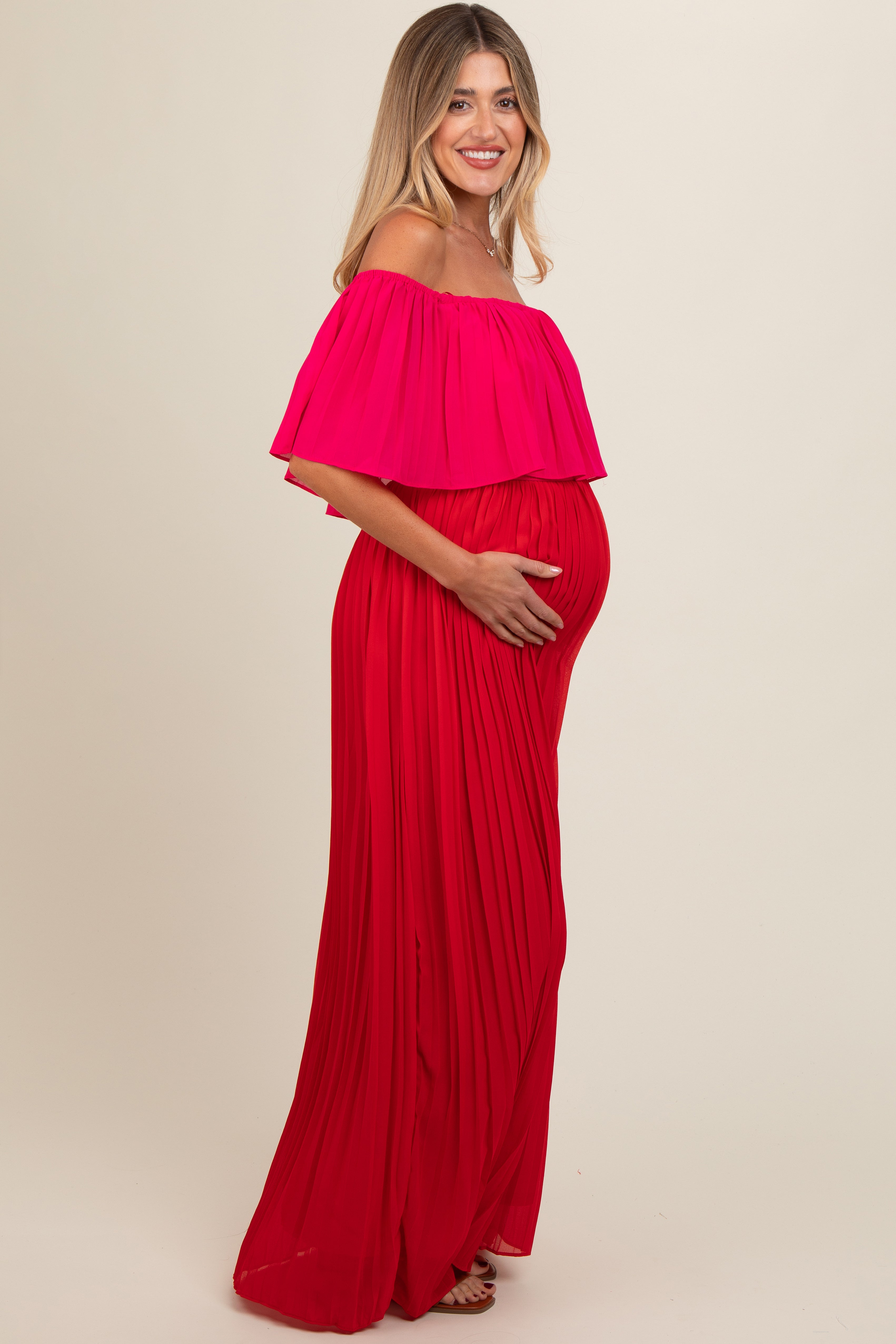 Red Pleated Off Shoulder Colorblock Maternity Maxi Dress PinkBlush