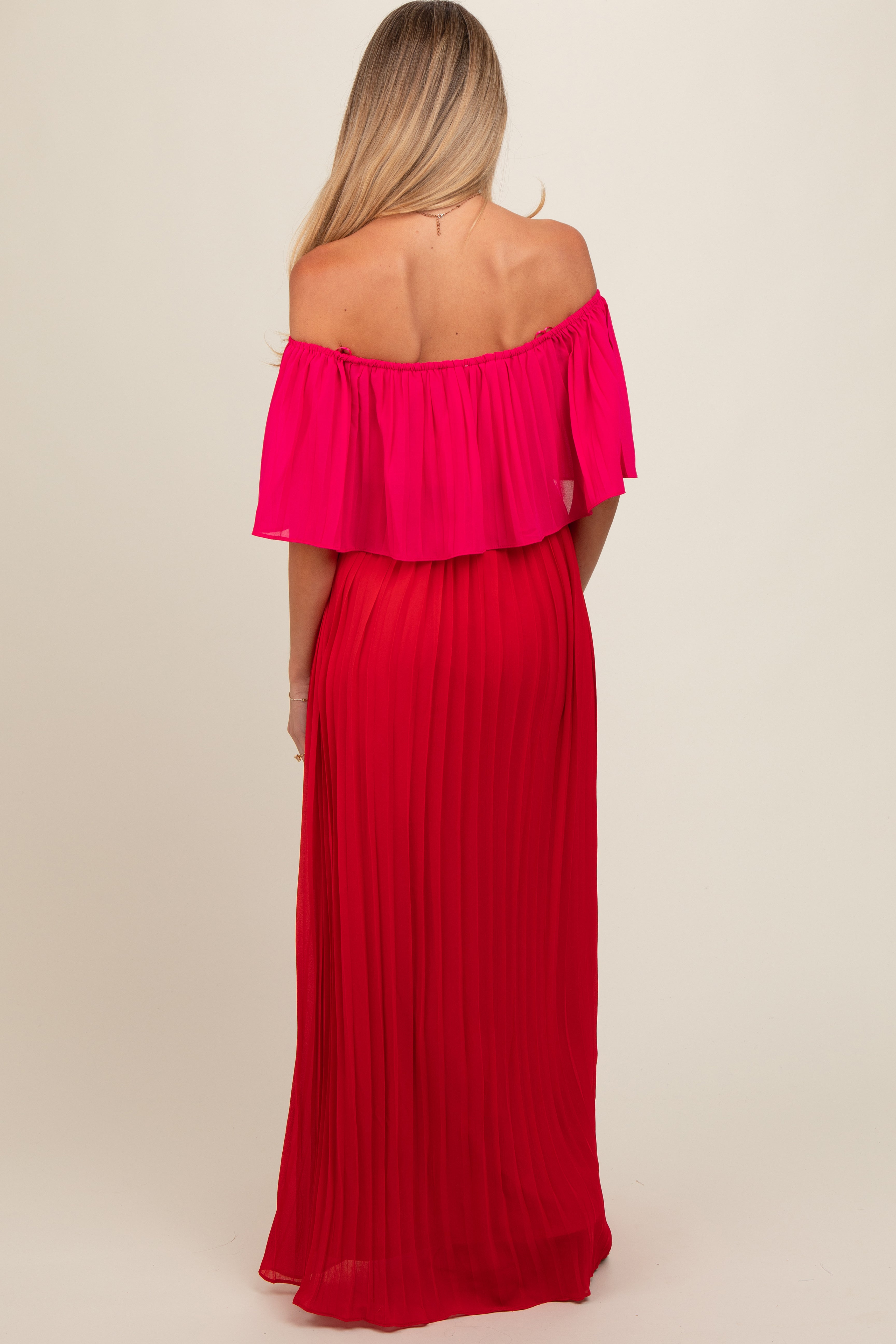 Red Pleated Off Shoulder Colorblock Maternity Maxi Dress PinkBlush