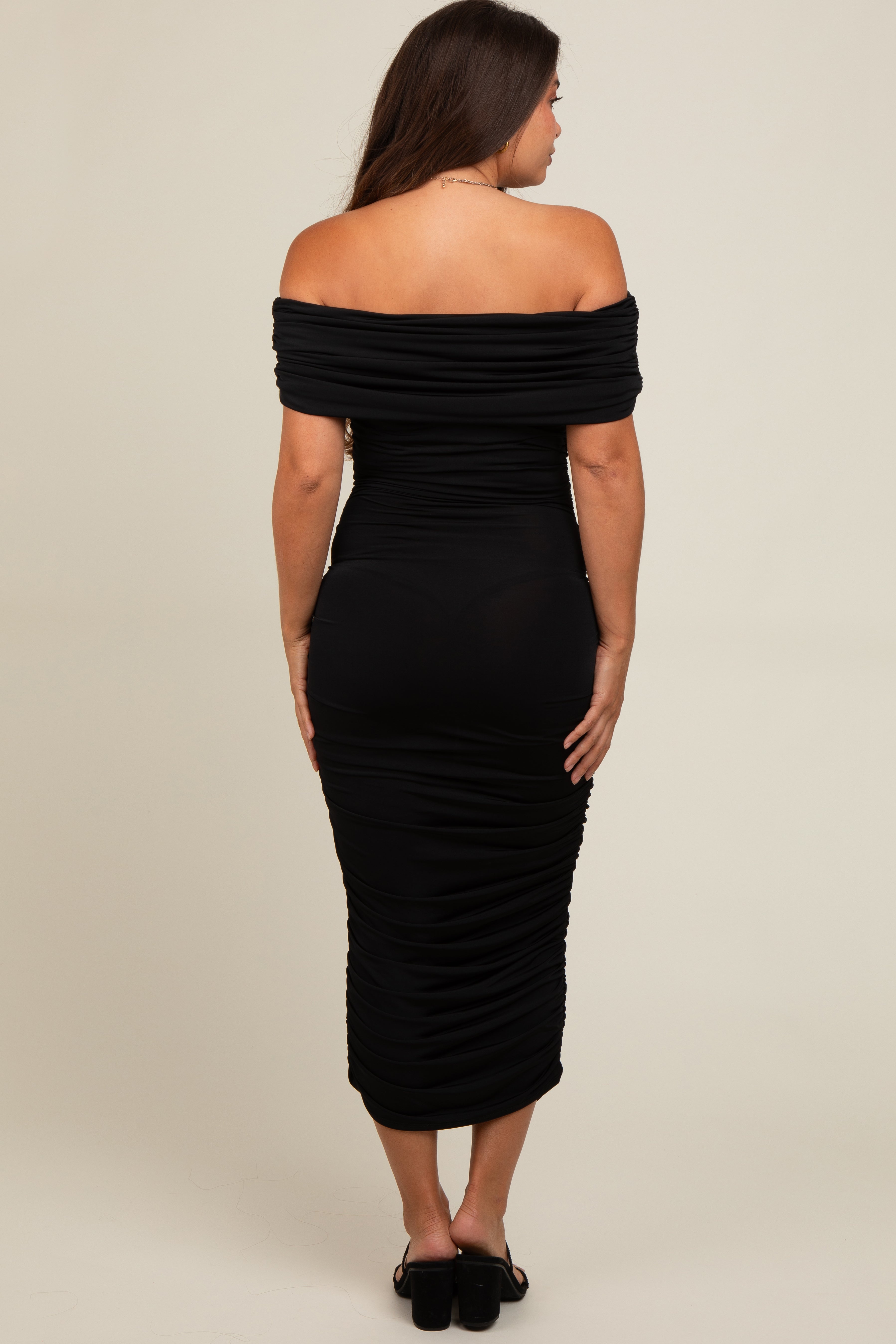 Black Off Shoulder Ruched Maternity Midi Dress PinkBlush