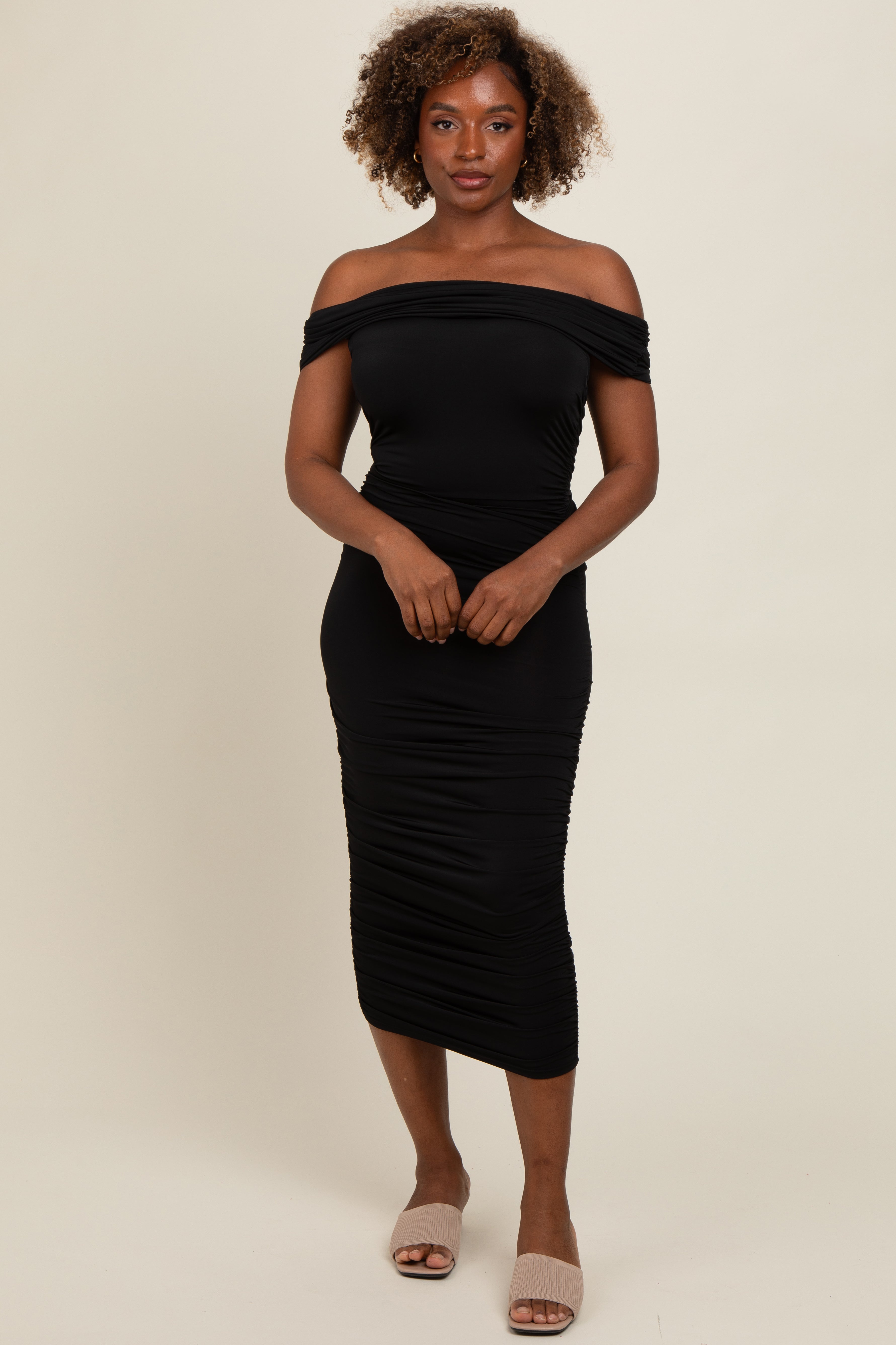 PinkBlush Black Off Shoulder Ruched Midi Dress, an elegant and flattering apparel choice for any occasion, showcasing its sty