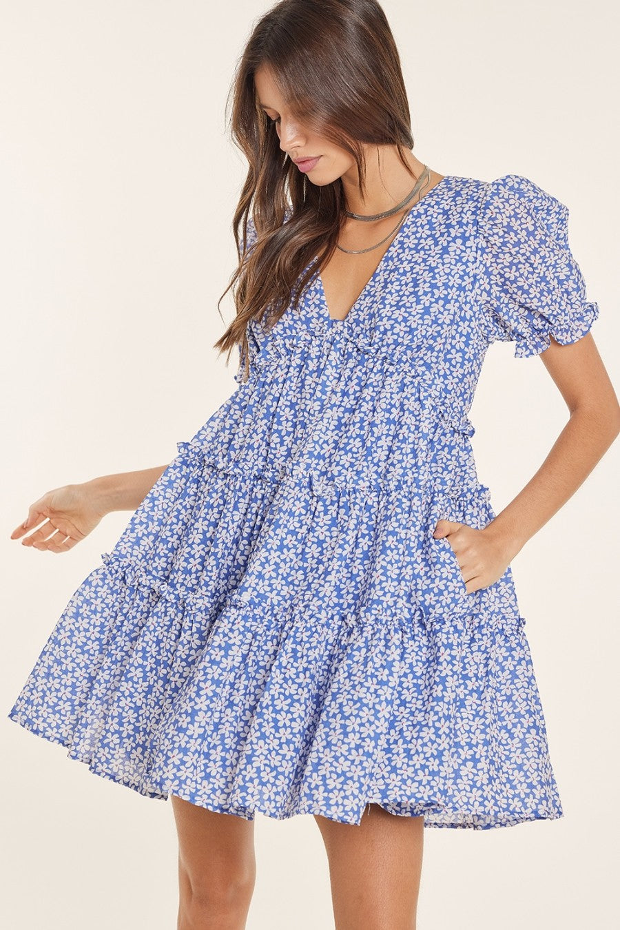 Blue Floral Puff Sleeve Babydoll Mini Dress PinkBlush