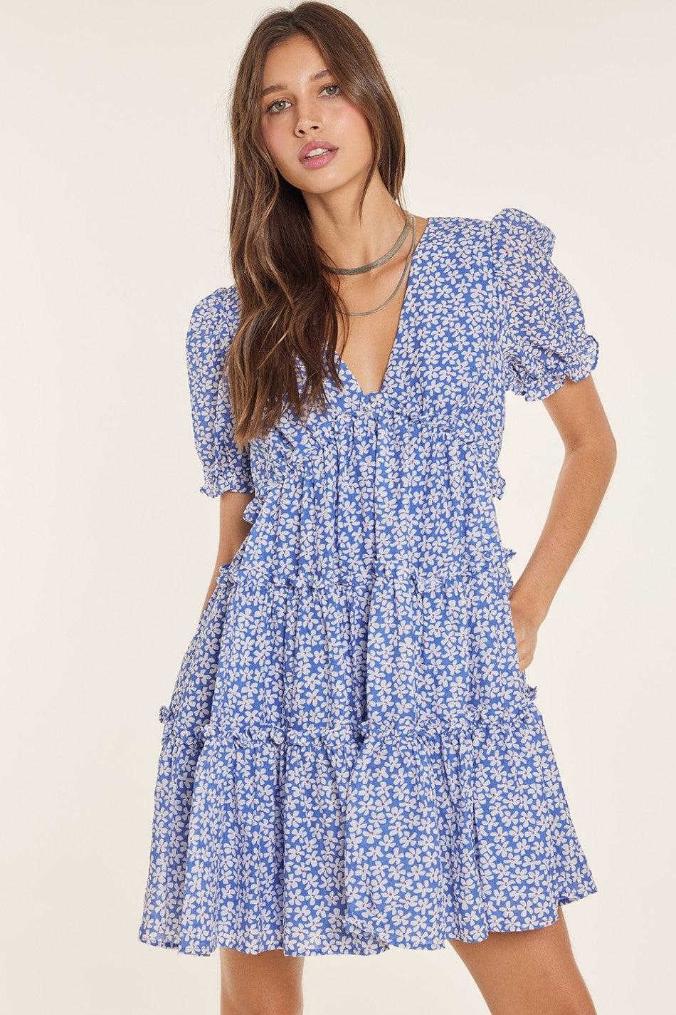 Blue Floral Puff Sleeve Babydoll Mini Dress PinkBlush