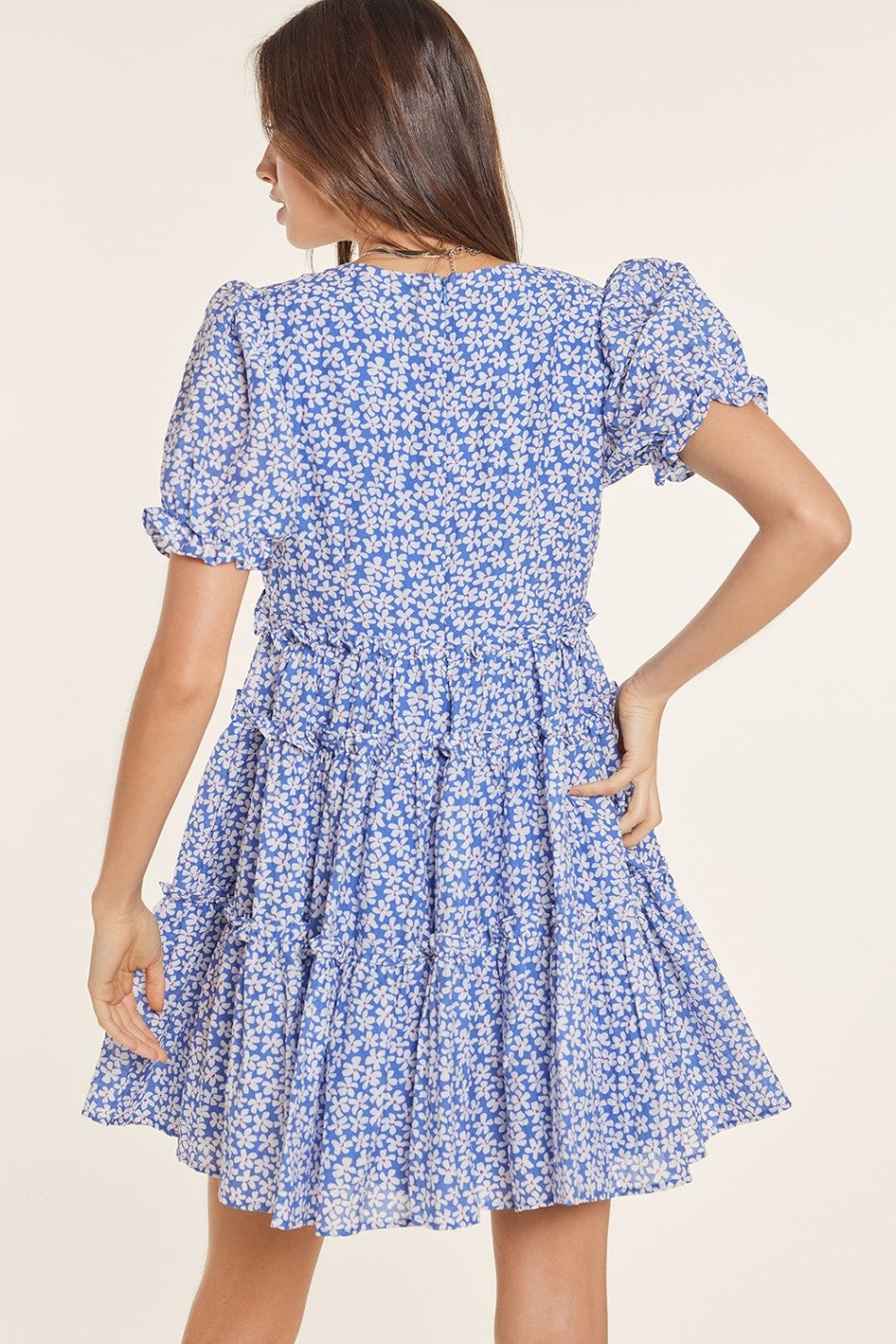 Blue Floral Puff Sleeve Babydoll Mini Dress PinkBlush