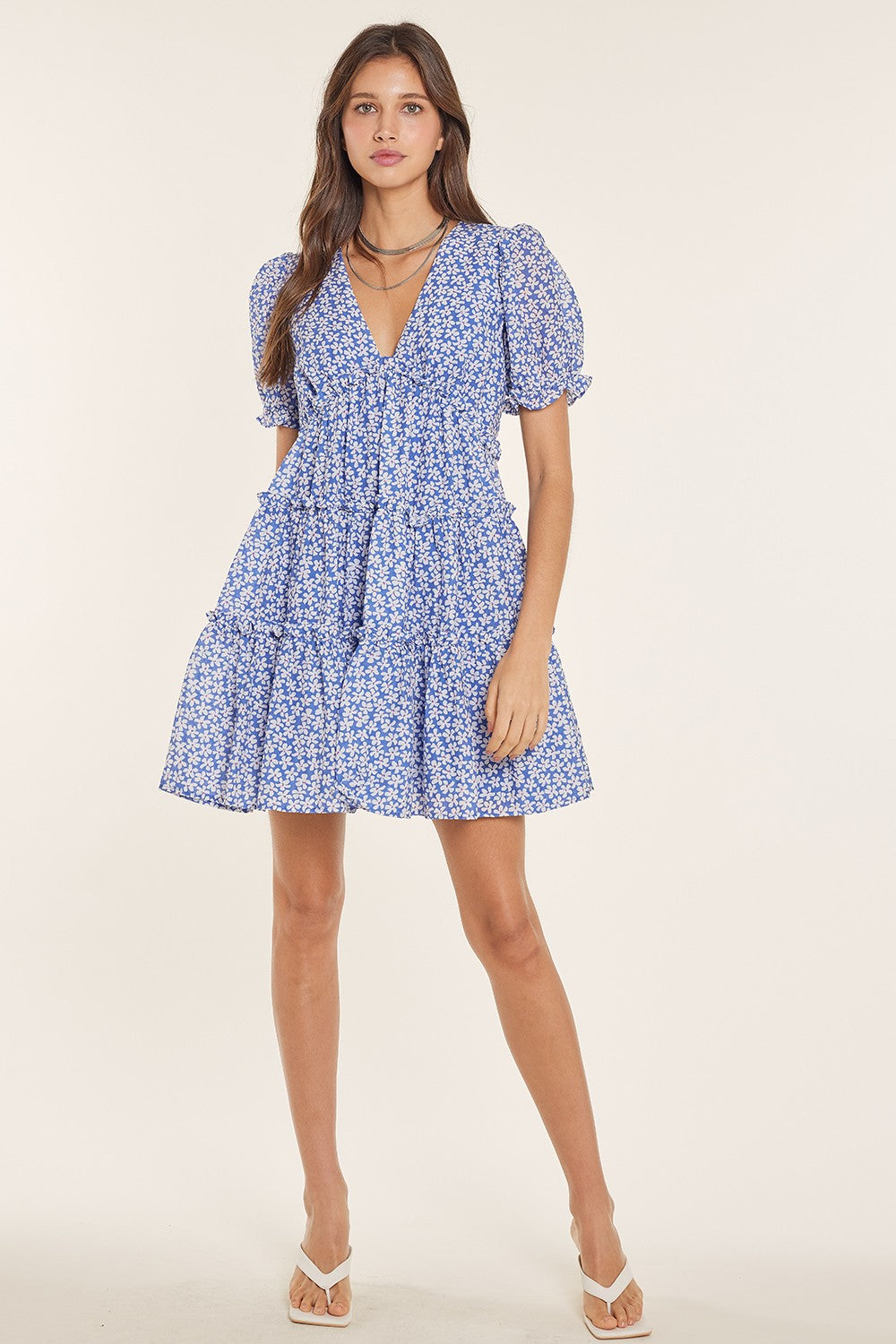 Blue Floral Puff Sleeve Babydoll Mini Dress PinkBlush