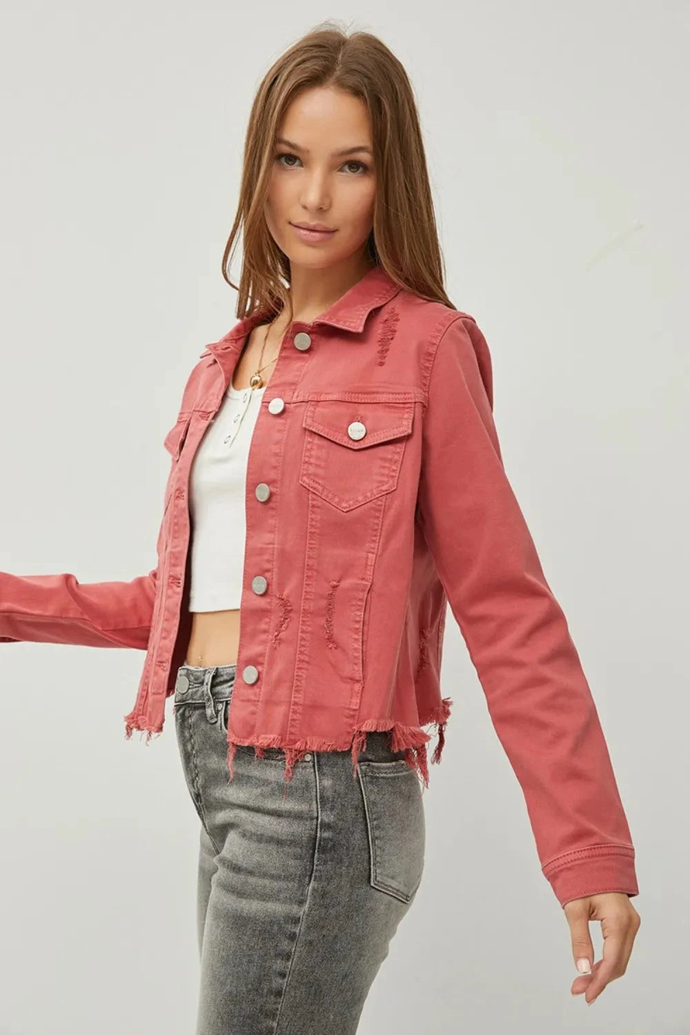 RISEN Full Size Raw Hem Button Up Cropped Denim Jacket Plus Size Coco’s Tee Boutique