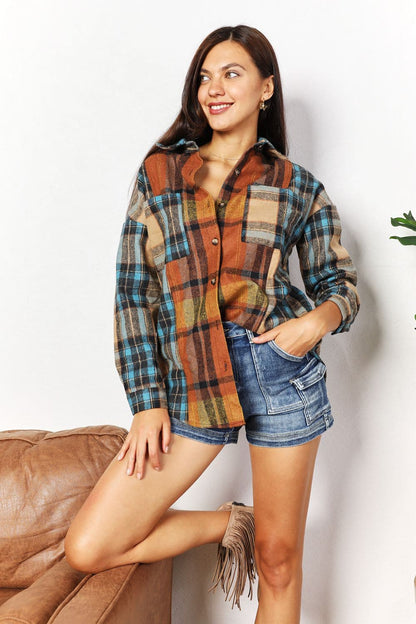 Plaid perfection curved hem shirt jacket with functional pockets