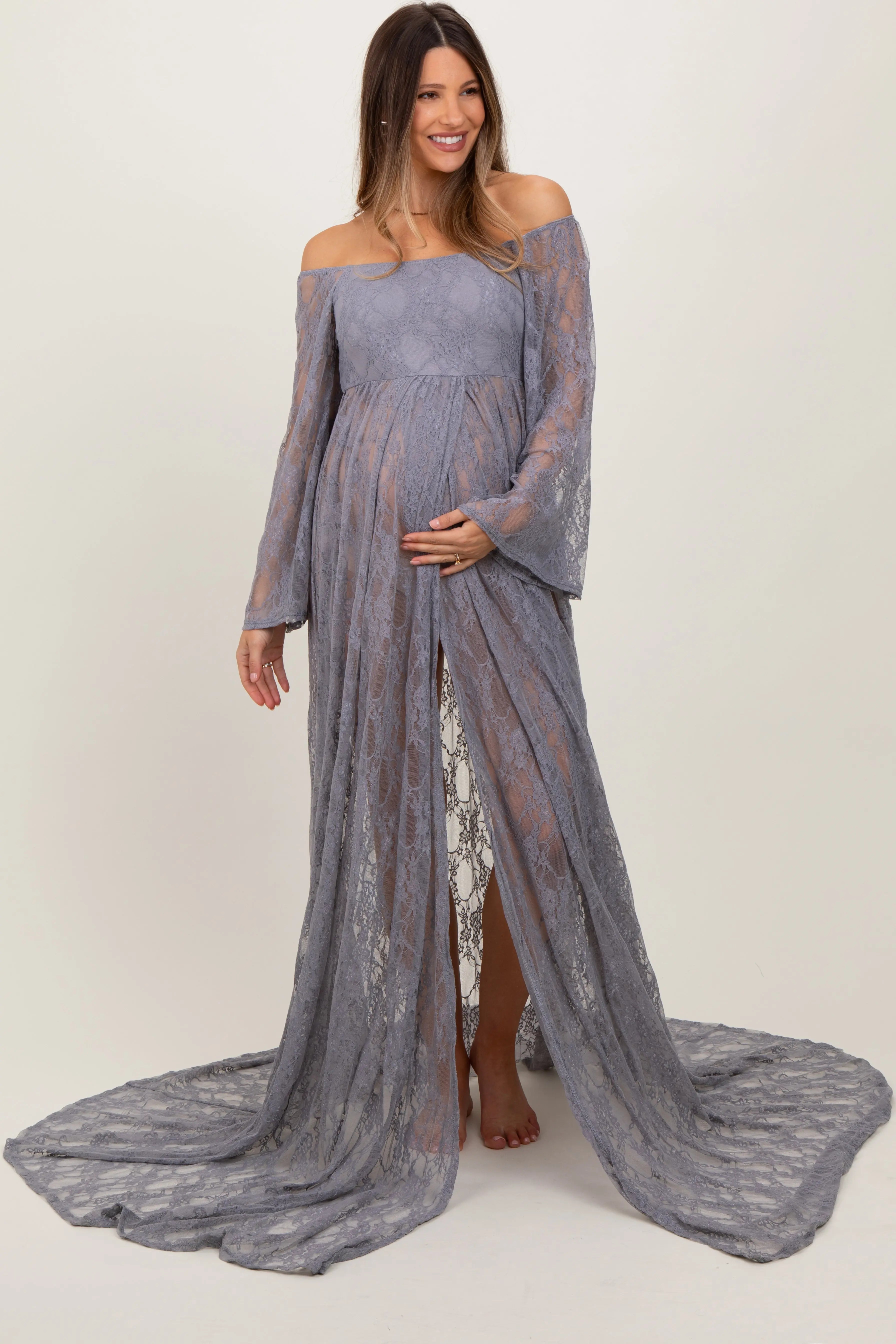 Gray Lace Off Shoulder Maternity Dress With Long Sleeves Slit For Photoshoot PinkBlush