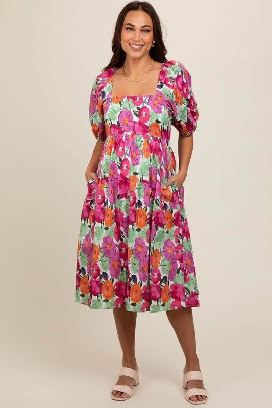 Magenta Floral Print Puff Sleeve Maternity Dress PinkBlush