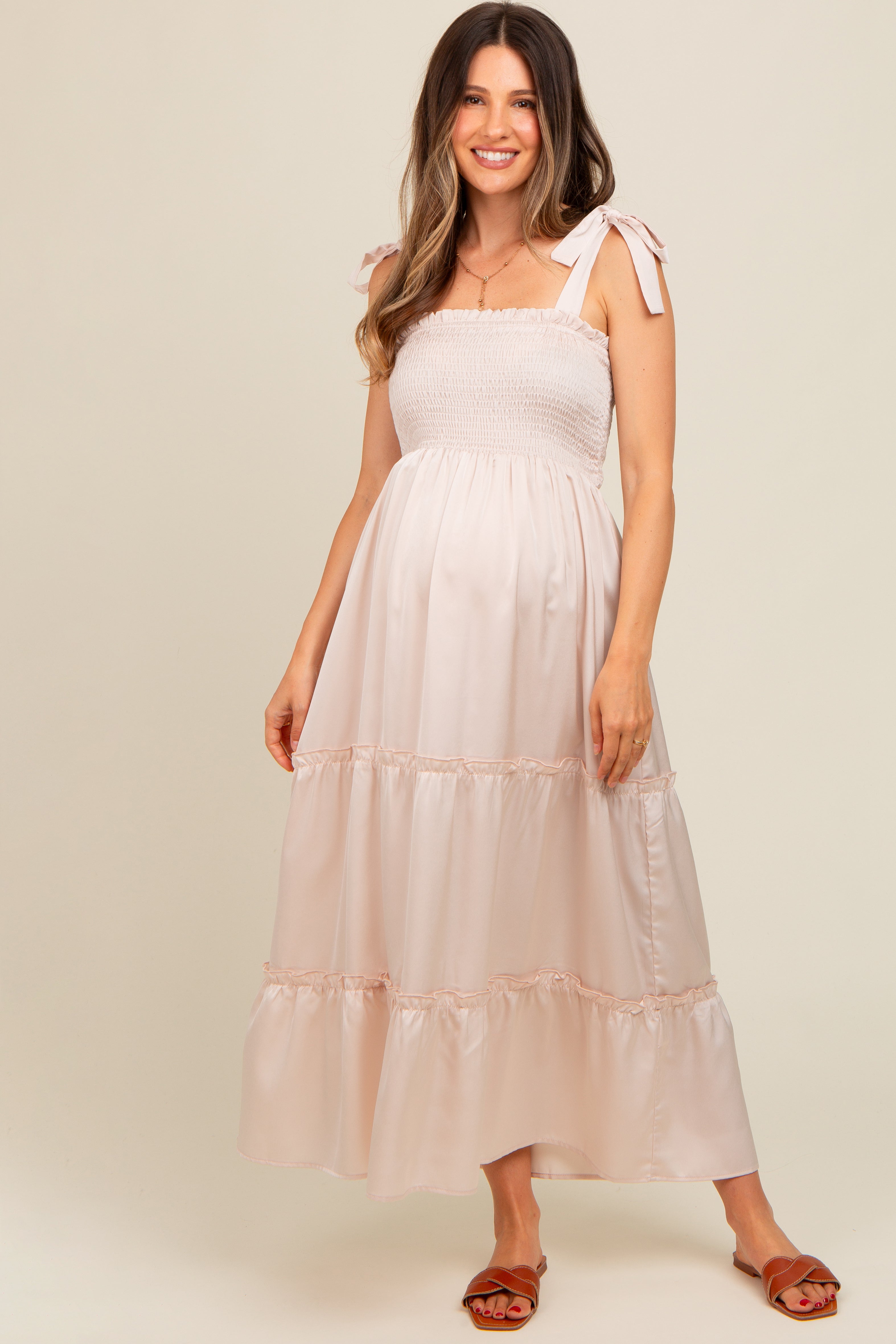Beige Satin Smocked Maternity Maxi Dress PinkBlush