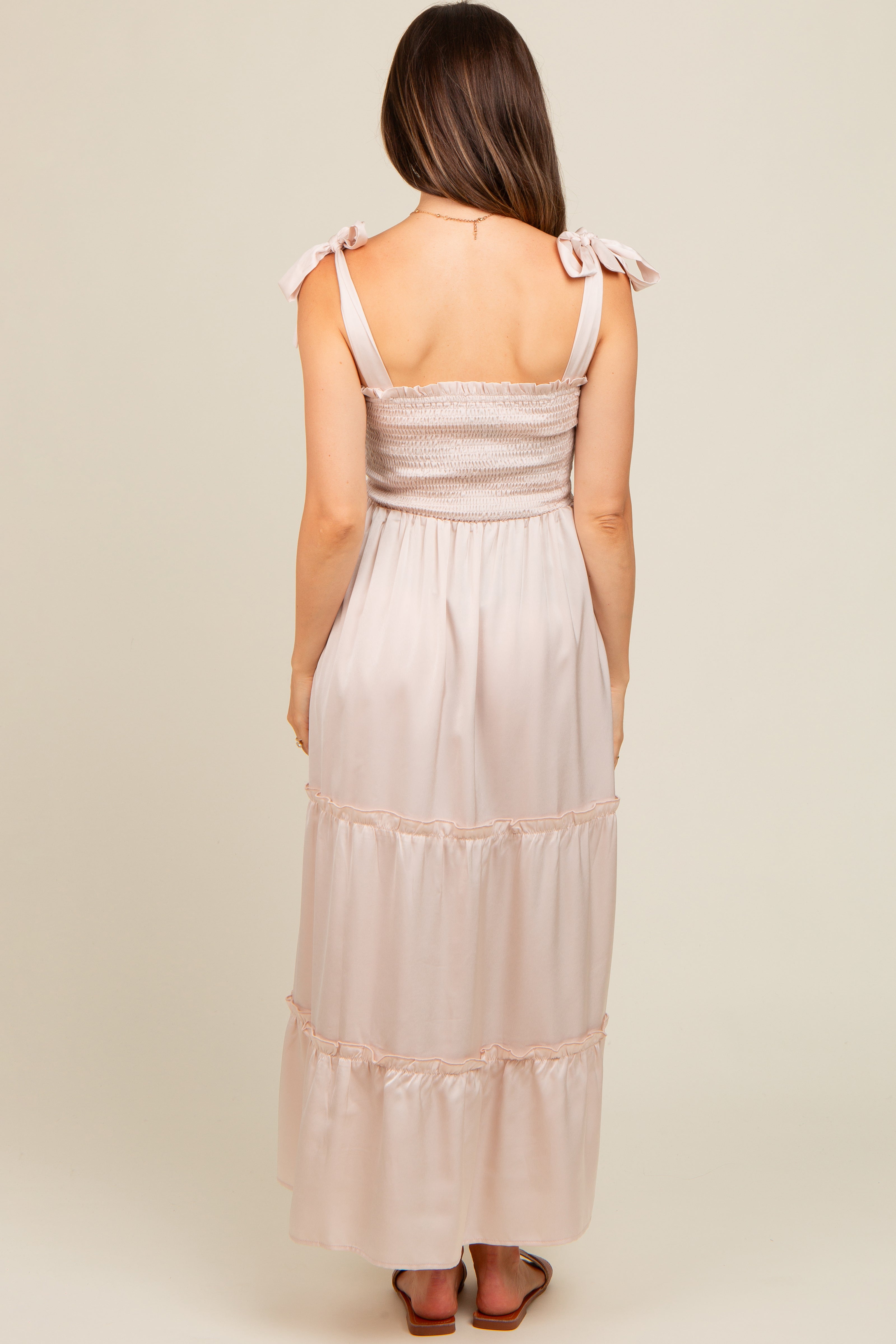 Beige Satin Smocked Maternity Maxi Dress PinkBlush