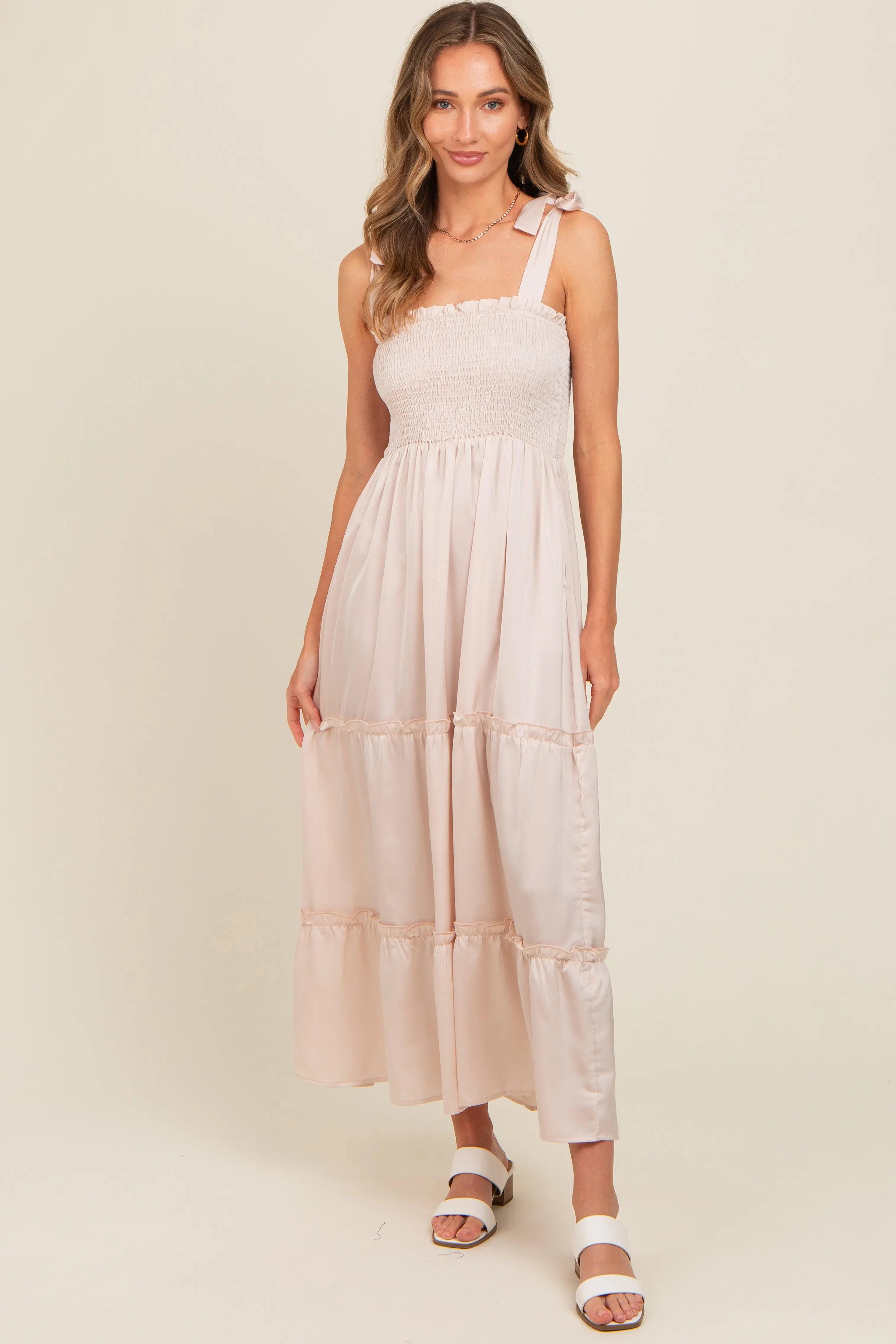 Beige Satin Smocked Maxi Dress PinkBlush